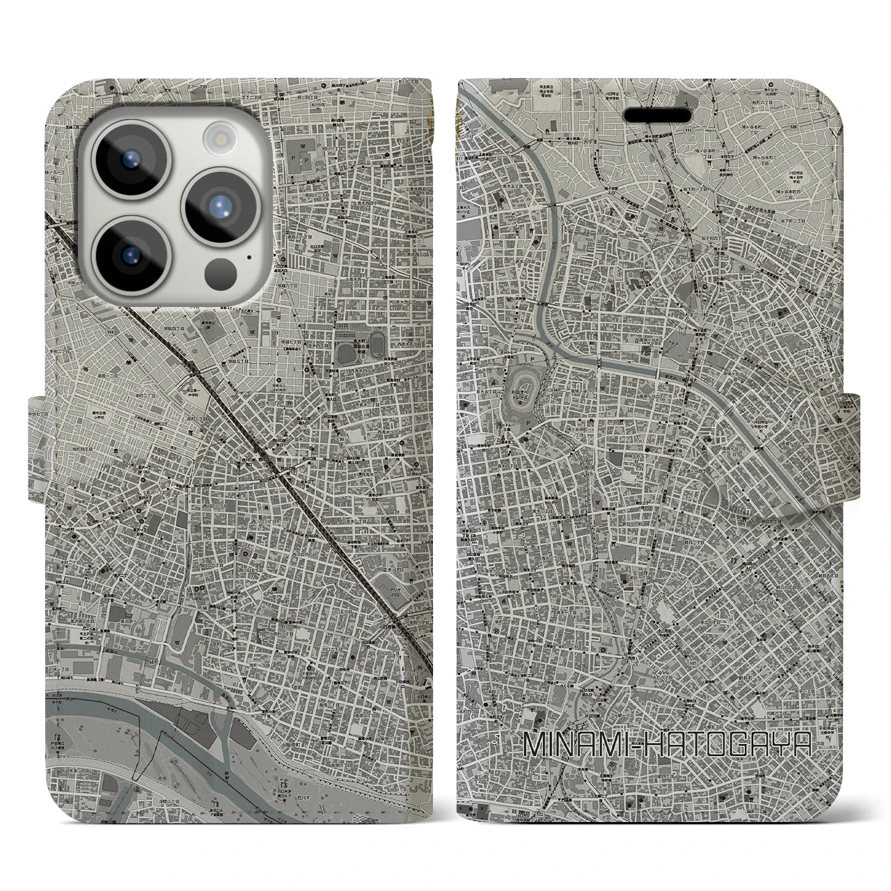 【南鳩ヶ谷(埼玉県)】地図柄iPhoneケース(手帳タイプ)モノトーン・iPhone 15 Pro 用