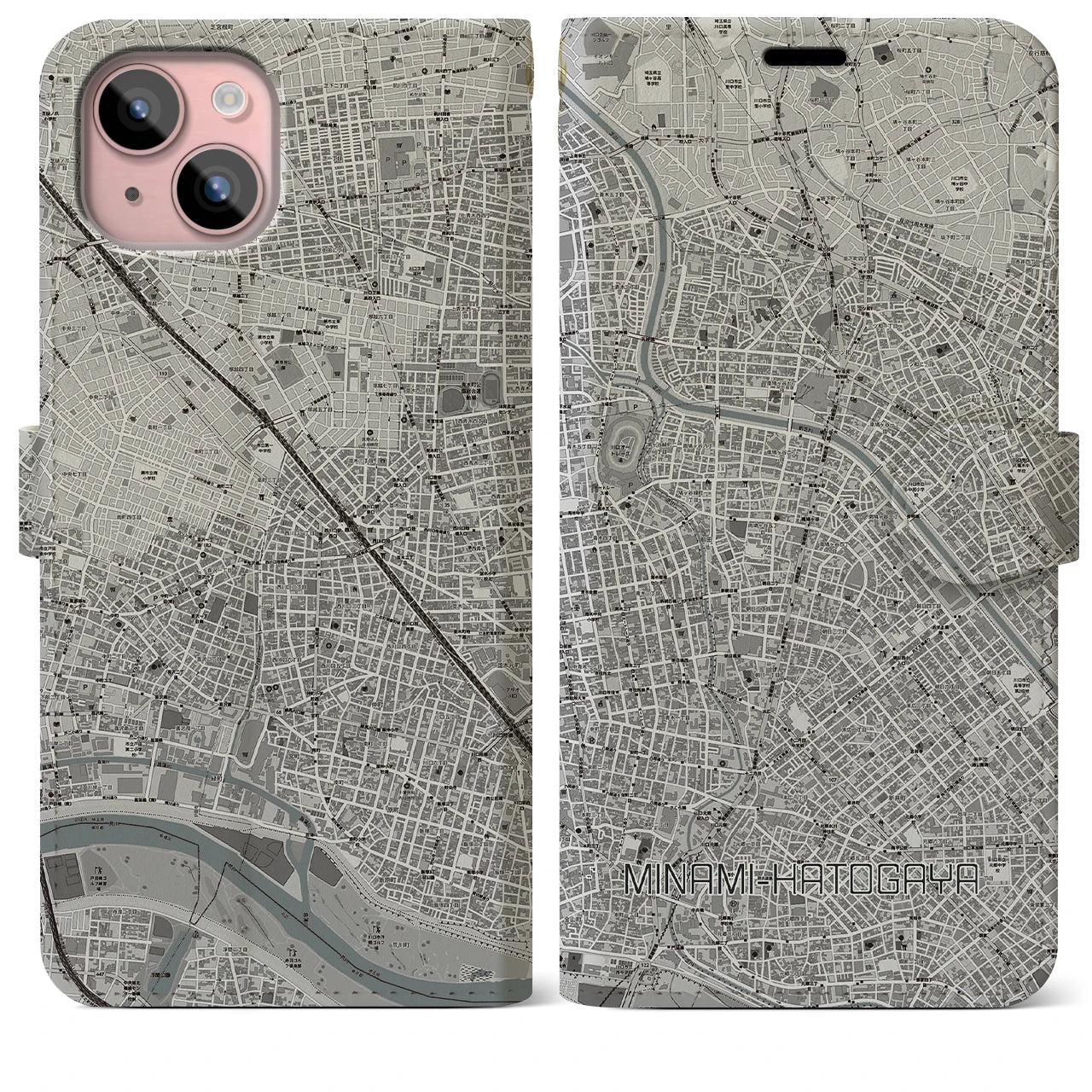 【南鳩ヶ谷(埼玉県)】地図柄iPhoneケース(手帳タイプ)モノトーン・iPhone 15 Plus 用