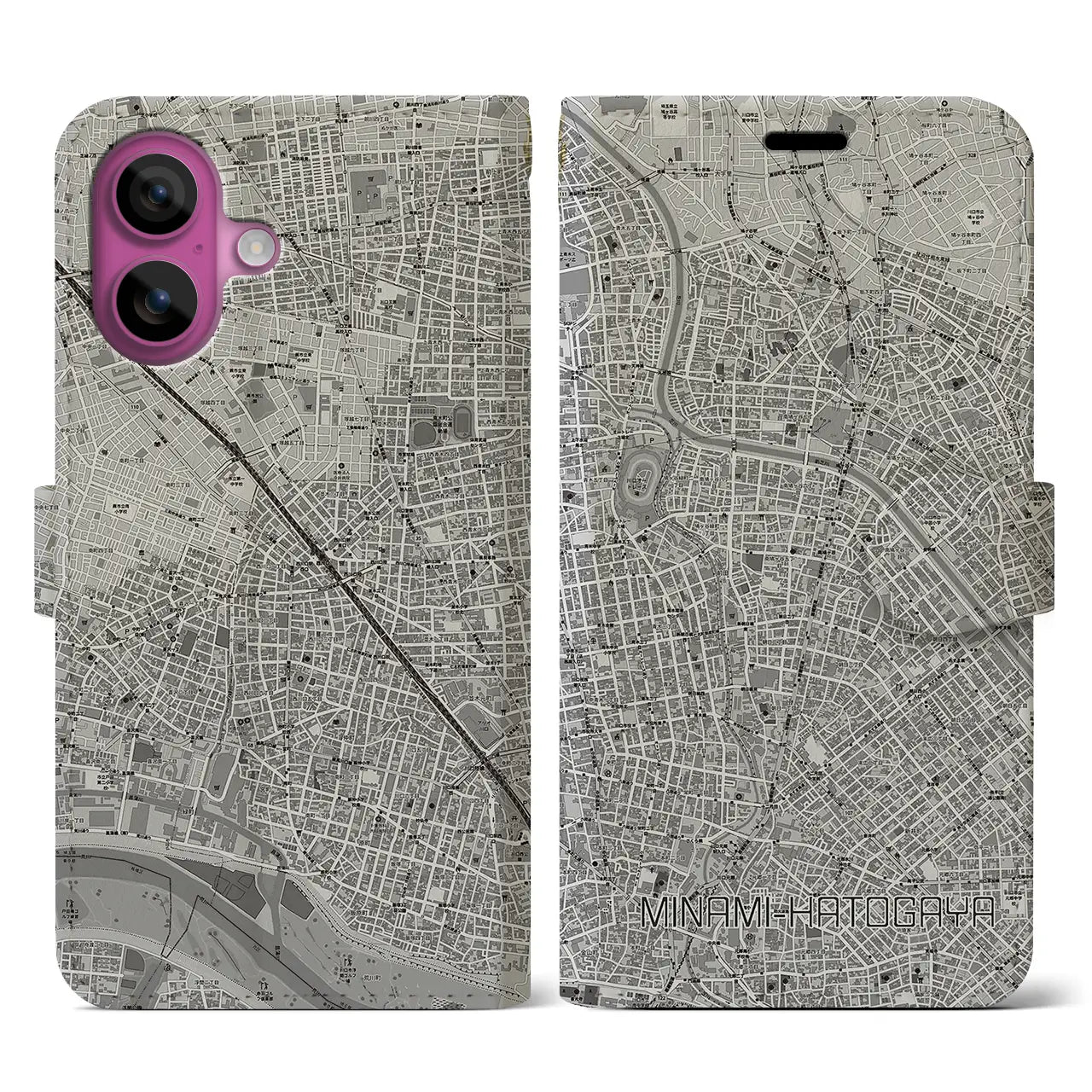 【南鳩ヶ谷(埼玉県)】地図柄iPhoneケース(手帳タイプ)モノトーン・iPhone 16 Pro 用