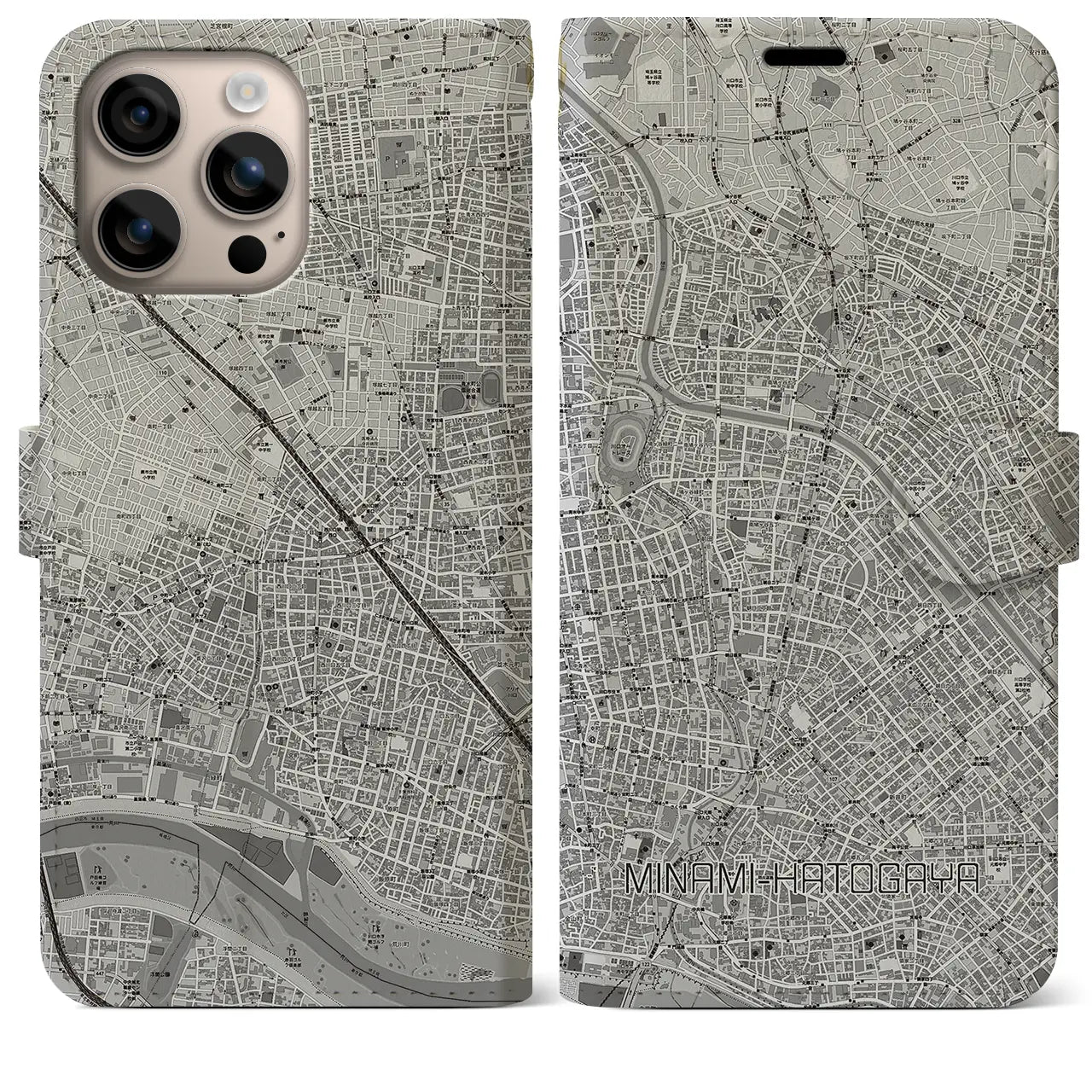 【南鳩ヶ谷(埼玉県)】地図柄iPhoneケース(手帳タイプ)モノトーン・iPhone 16 Plus 用