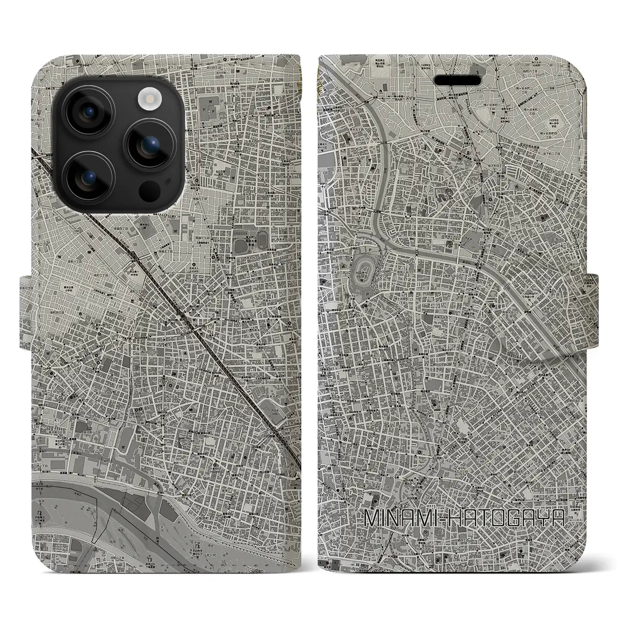 【南鳩ヶ谷(埼玉県)】地図柄iPhoneケース(手帳タイプ)モノトーン・iPhone 16 用