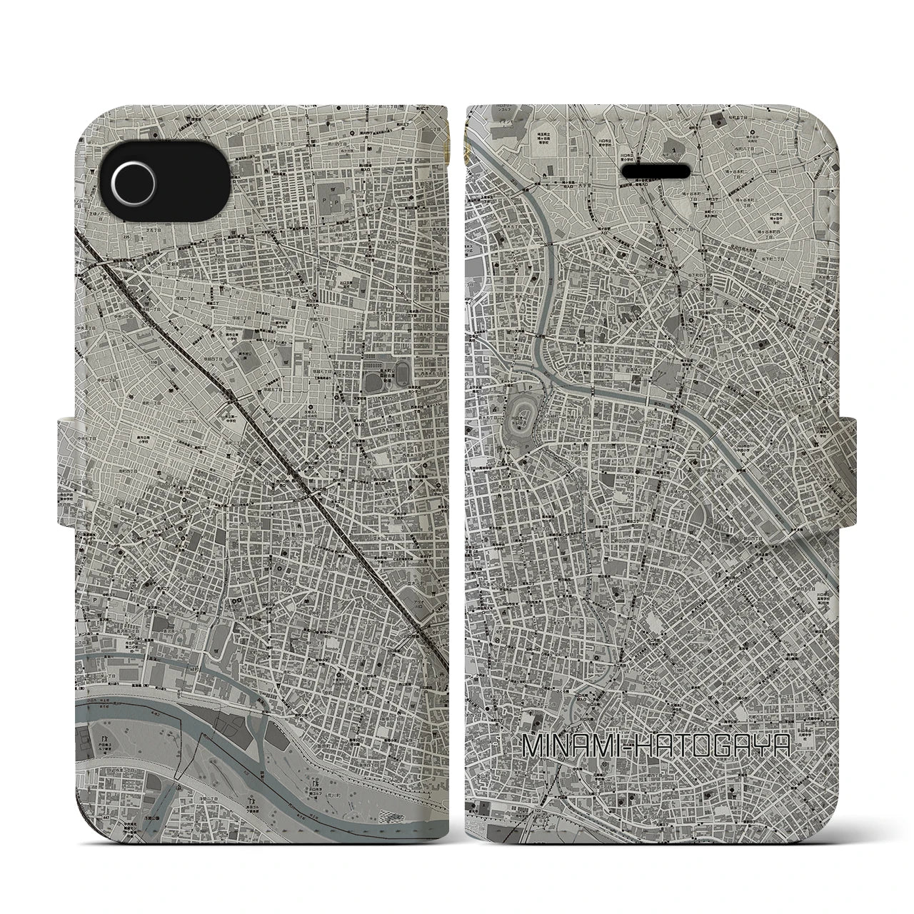 【南鳩ヶ谷(埼玉県)】地図柄iPhoneケース(手帳タイプ)モノトーン・iPhone SE(第3 / 第2世代) / 8 / 7 / 6s / 6 用