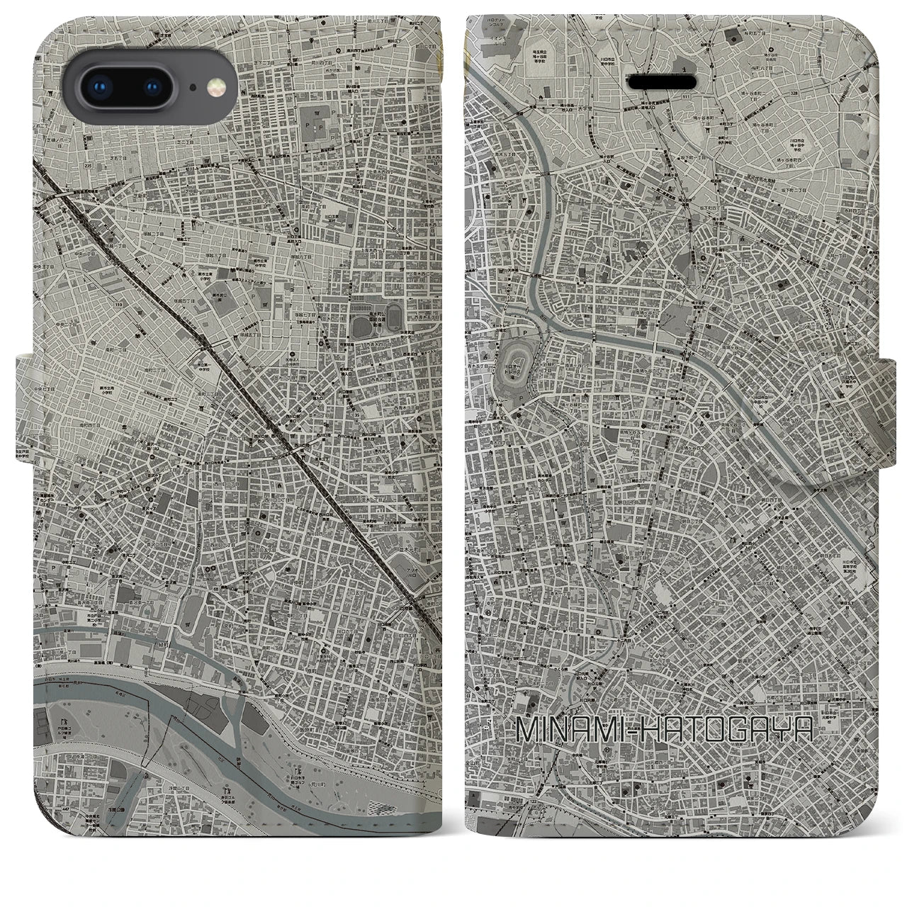 【南鳩ヶ谷(埼玉県)】地図柄iPhoneケース(手帳タイプ)モノトーン・iPhone 8Plus /7Plus / 6sPlus / 6Plus 用