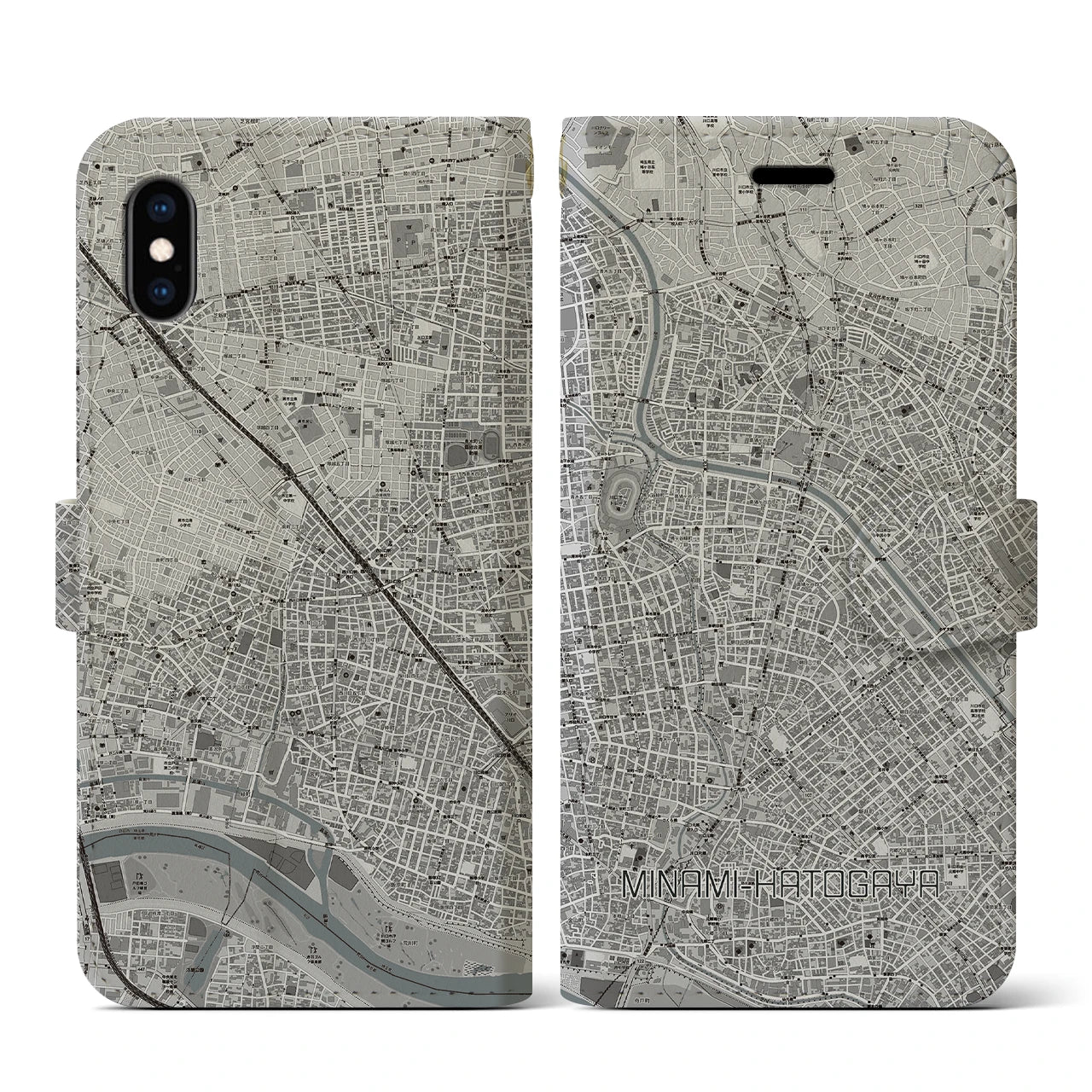 【南鳩ヶ谷(埼玉県)】地図柄iPhoneケース(手帳タイプ)モノトーン・iPhone XS / X 用