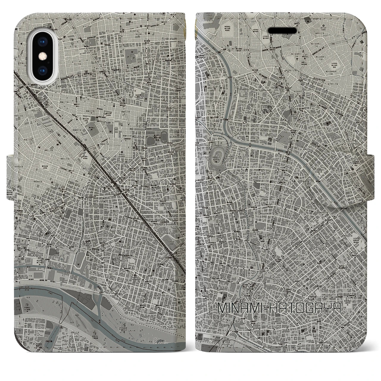 【南鳩ヶ谷(埼玉県)】地図柄iPhoneケース(手帳タイプ)モノトーン・iPhone XS Max 用