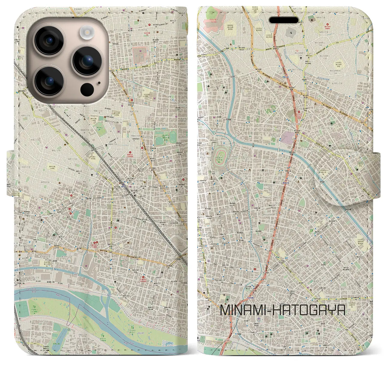 【南鳩ヶ谷(埼玉県)】地図柄iPhoneケース(手帳タイプ)ナチュラル・iPhone 16 Plus 用