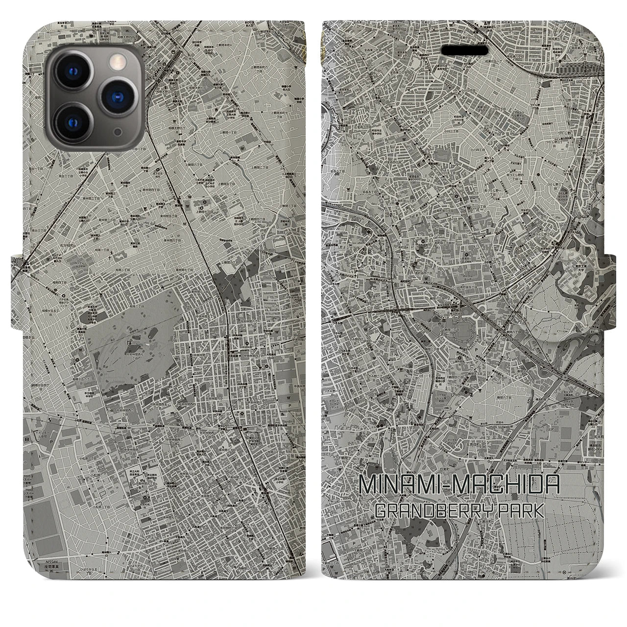 【南町田グランベリーパーク(東京都)】地図柄iPhoneケース(手帳タイプ)モノトーン・iPhone 11 Pro Max 用