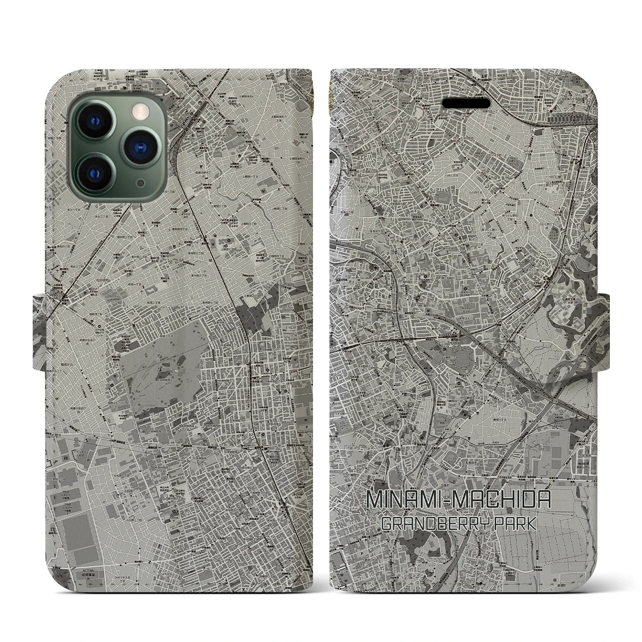 【南町田グランベリーパーク(東京都)】地図柄iPhoneケース(手帳タイプ)モノトーン・iPhone 11 Pro 用