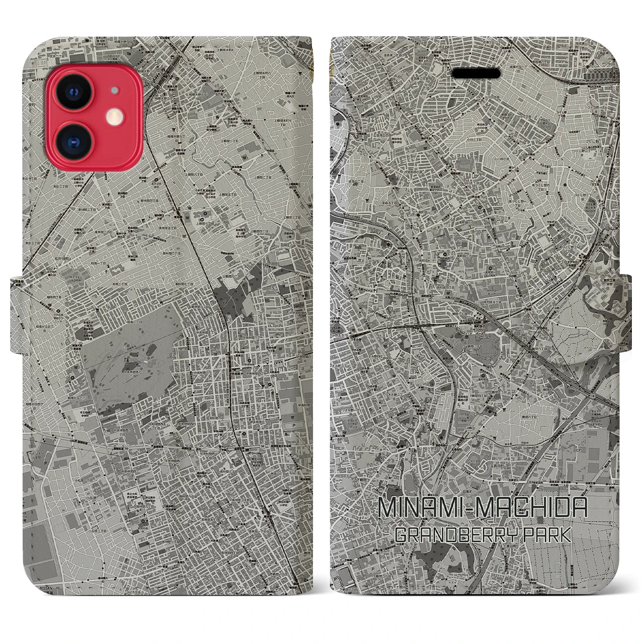 【南町田グランベリーパーク(東京都)】地図柄iPhoneケース(手帳タイプ)モノトーン・iPhone 11 用
