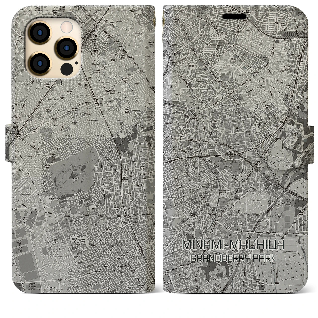 【南町田グランベリーパーク(東京都)】地図柄iPhoneケース(手帳タイプ)モノトーン・iPhone 12 Pro Max 用