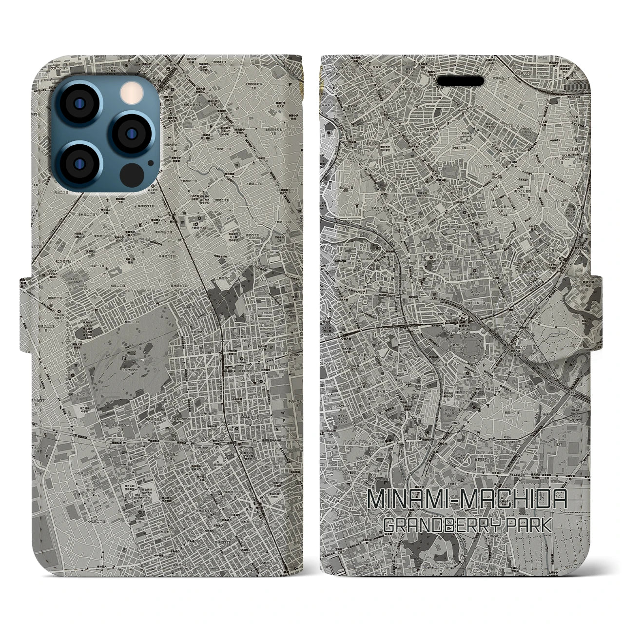 【南町田グランベリーパーク(東京都)】地図柄iPhoneケース(手帳タイプ)モノトーン・iPhone 12 / 12 Pro 用