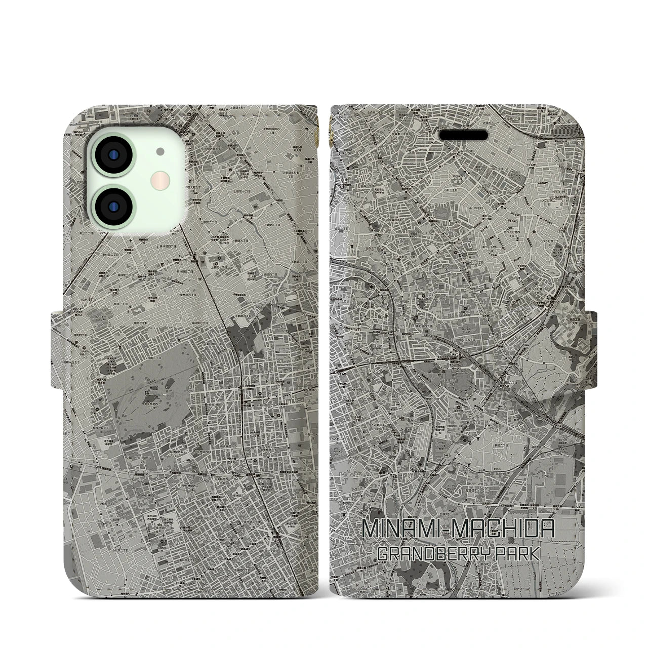 【南町田グランベリーパーク(東京都)】地図柄iPhoneケース(手帳タイプ)モノトーン・iPhone 12 mini 用