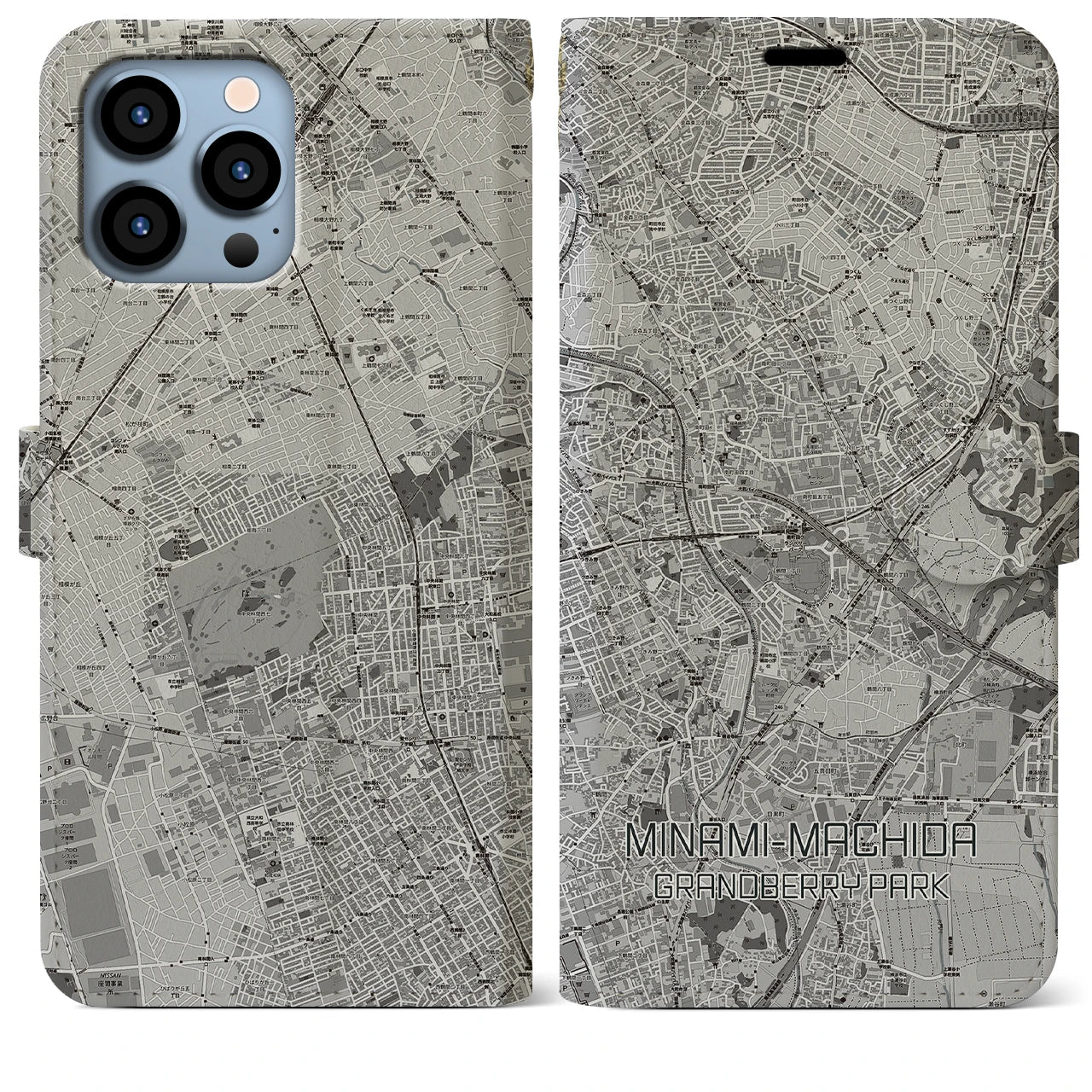【南町田グランベリーパーク(東京都)】地図柄iPhoneケース(手帳タイプ)モノトーン・iPhone 13 Pro Max 用