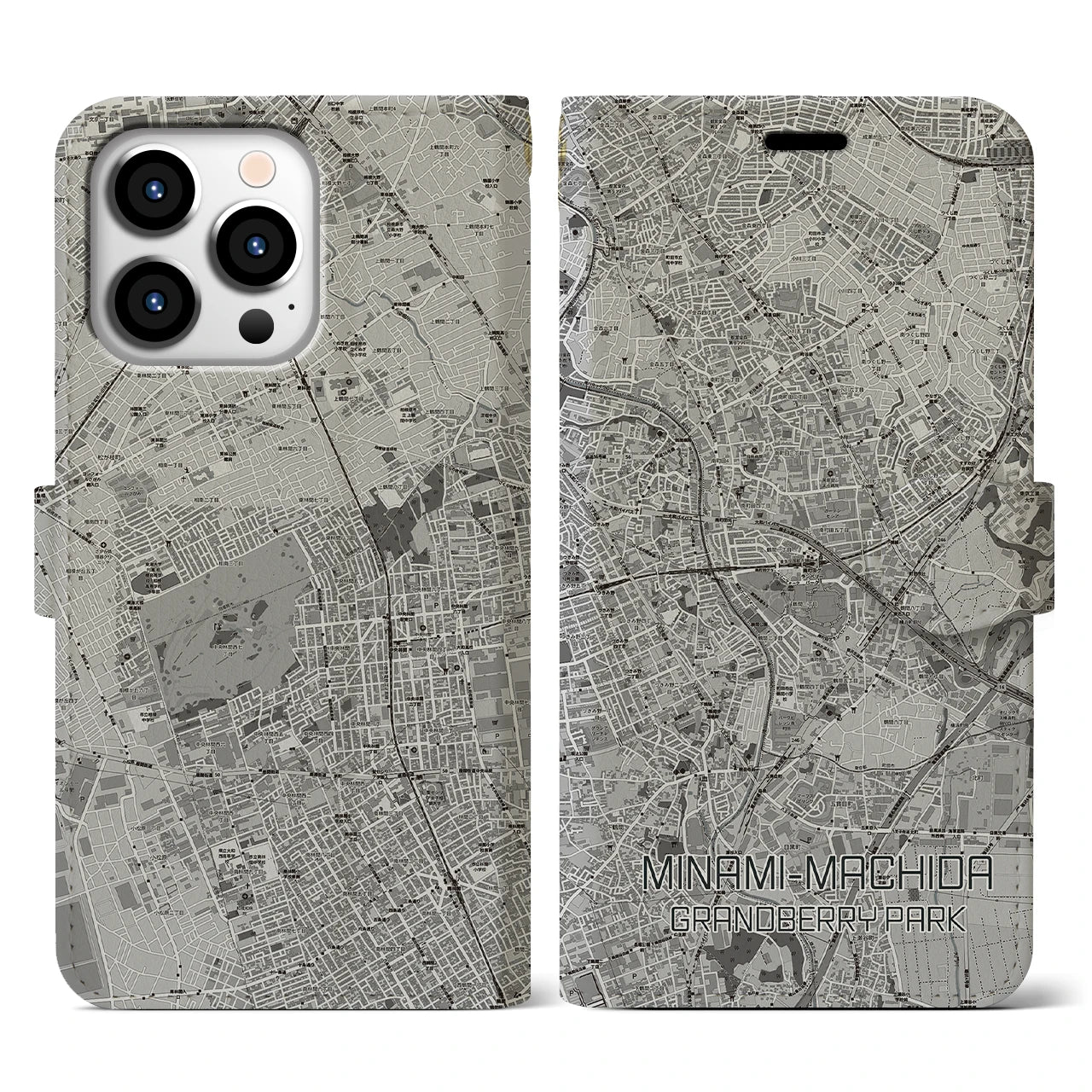【南町田グランベリーパーク(東京都)】地図柄iPhoneケース(手帳タイプ)モノトーン・iPhone 13 Pro 用