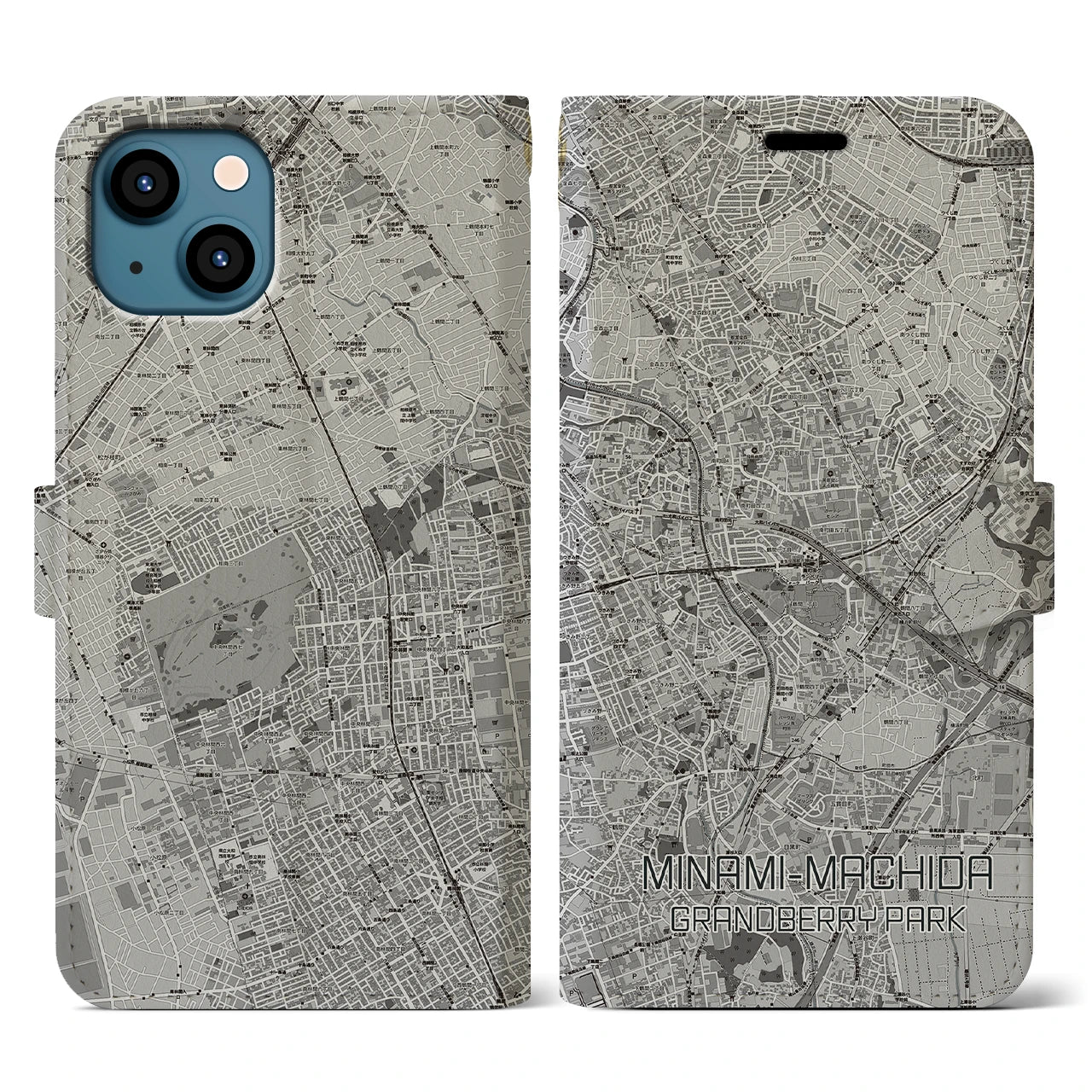 【南町田グランベリーパーク(東京都)】地図柄iPhoneケース(手帳タイプ)モノトーン・iPhone 13 用