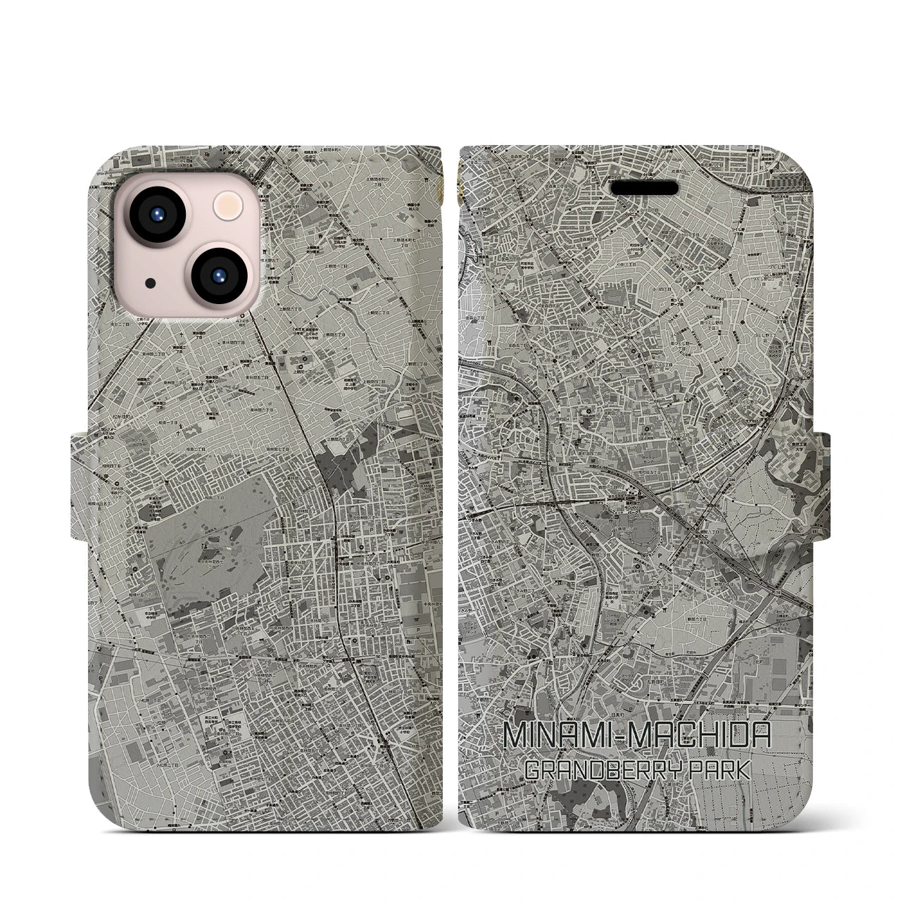 【南町田グランベリーパーク(東京都)】地図柄iPhoneケース(手帳タイプ)モノトーン・iPhone 13 mini 用