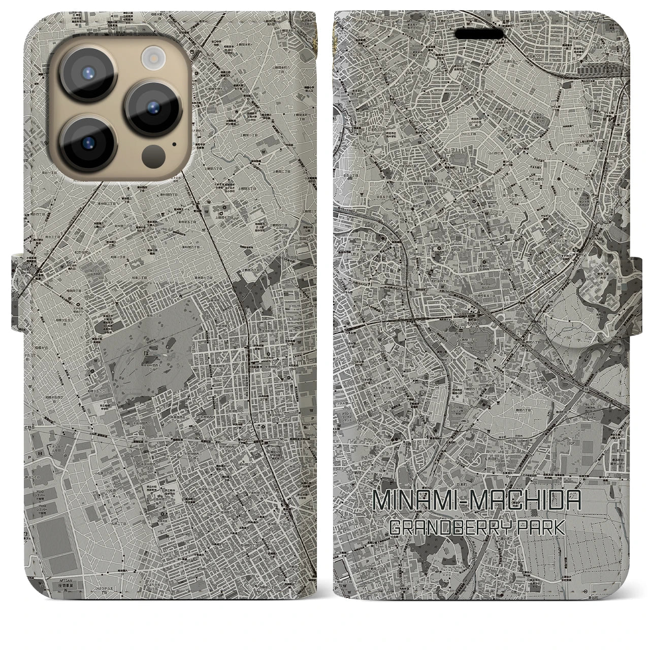 【南町田グランベリーパーク(東京都)】地図柄iPhoneケース(手帳タイプ)モノトーン・iPhone 14 Pro Max 用