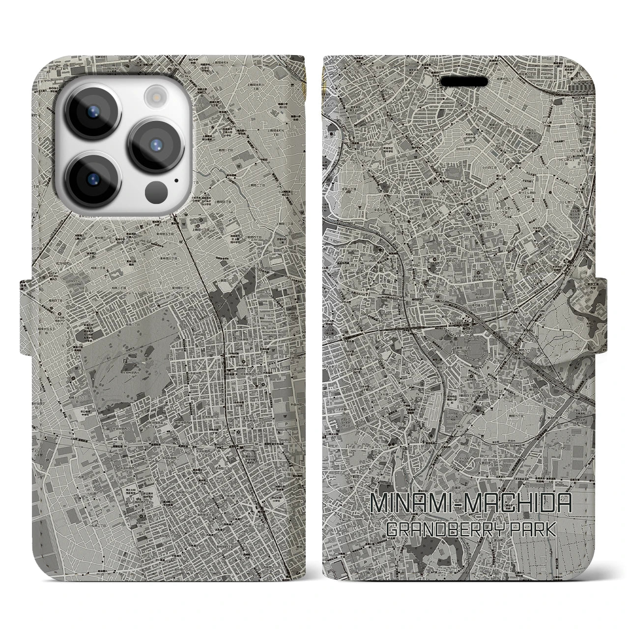【南町田グランベリーパーク(東京都)】地図柄iPhoneケース(手帳タイプ)モノトーン・iPhone 14 Pro 用