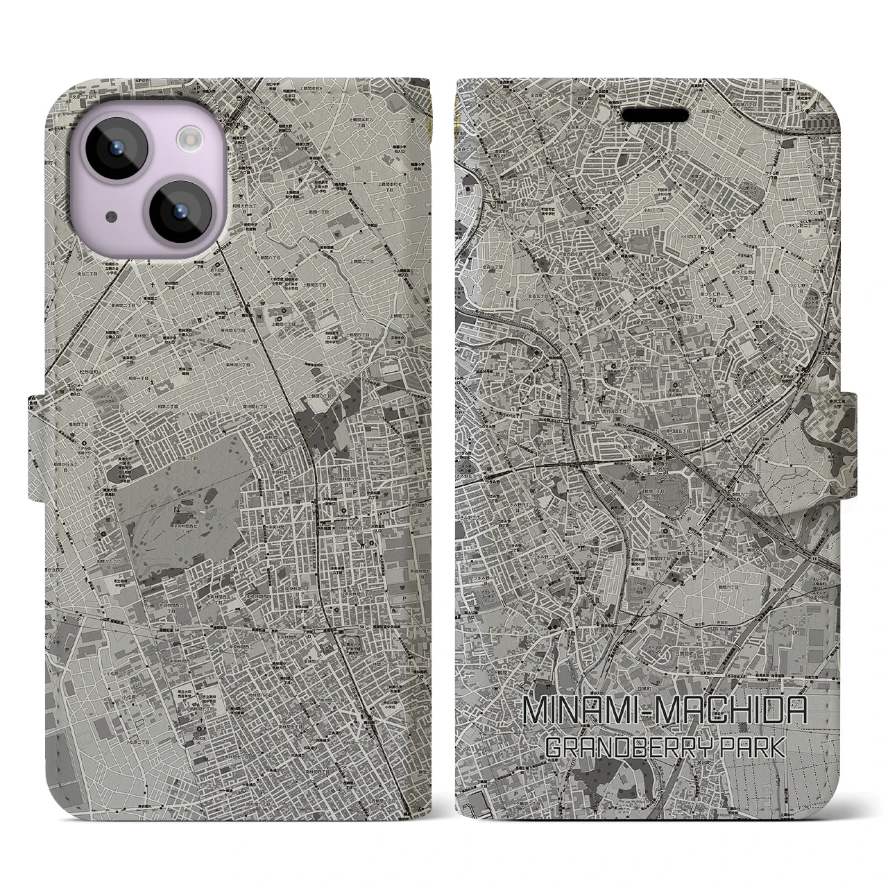 【南町田グランベリーパーク(東京都)】地図柄iPhoneケース(手帳タイプ)モノトーン・iPhone 14 用