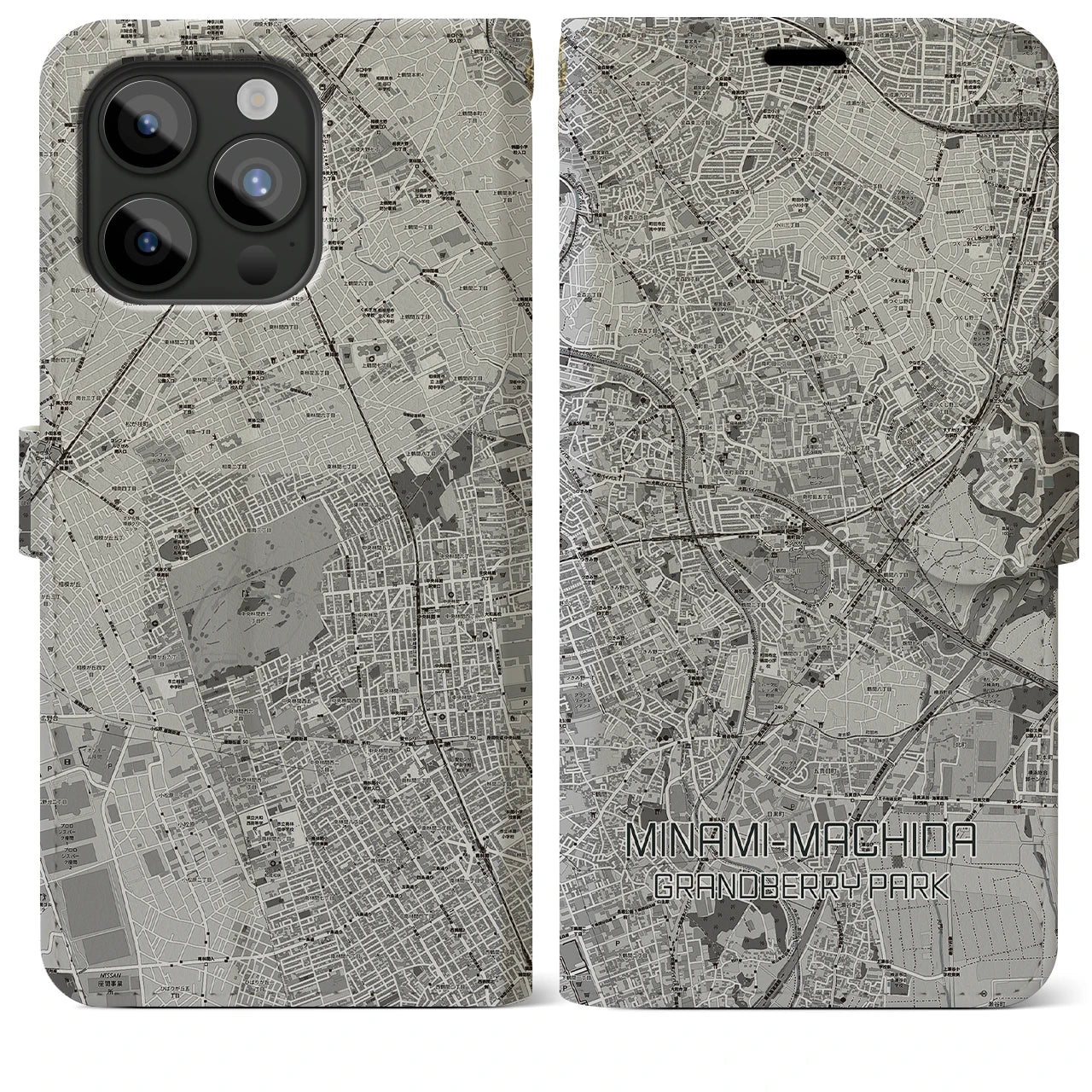 【南町田グランベリーパーク(東京都)】地図柄iPhoneケース(手帳タイプ)モノトーン・iPhone 15 Pro Max 用