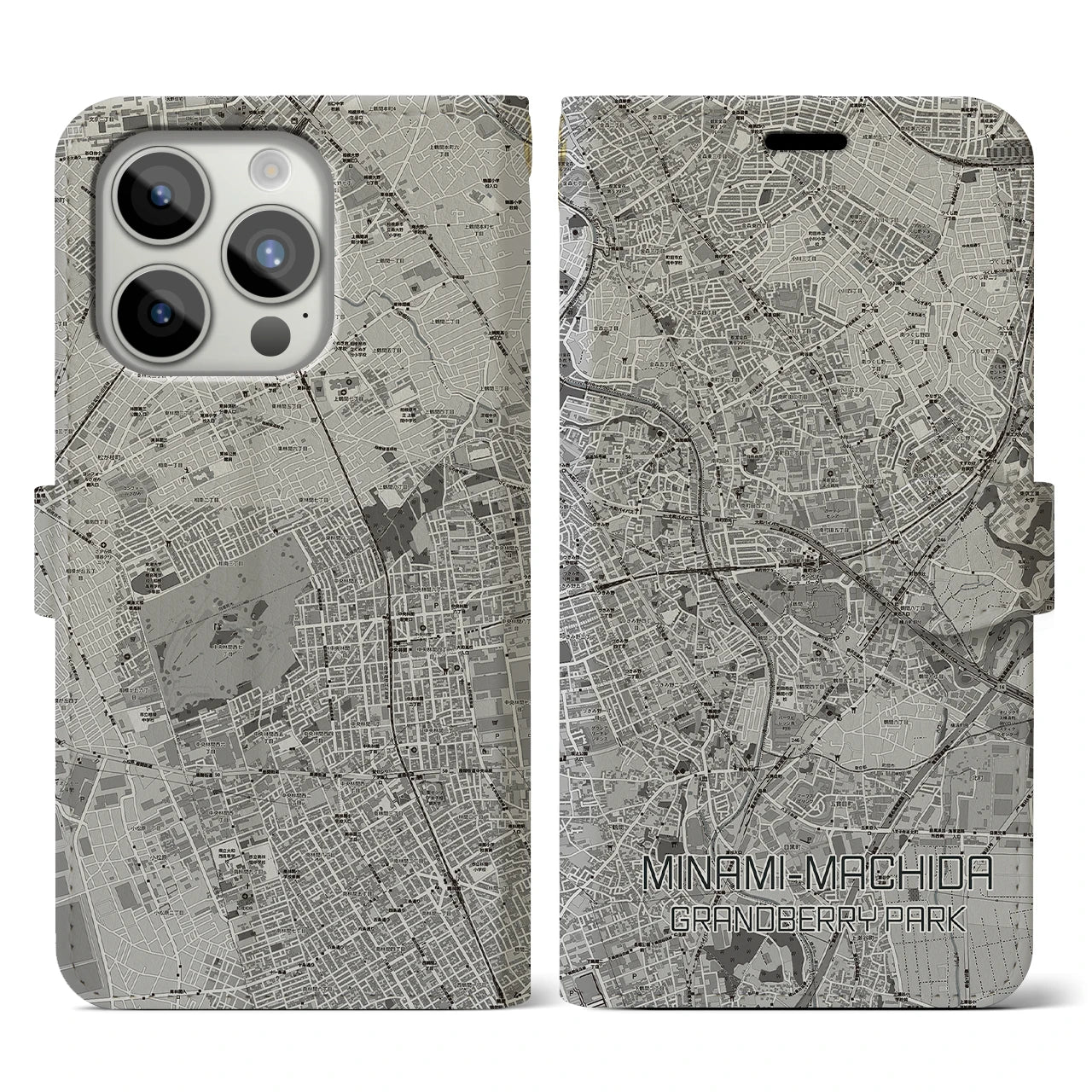 【南町田グランベリーパーク(東京都)】地図柄iPhoneケース(手帳タイプ)モノトーン・iPhone 15 Pro 用
