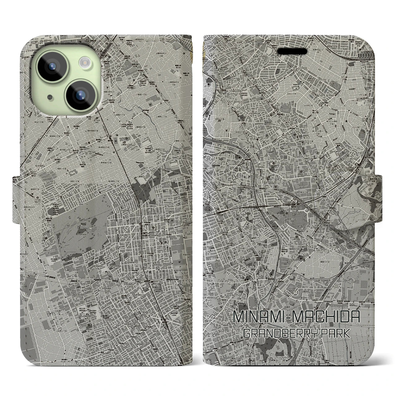 【南町田グランベリーパーク(東京都)】地図柄iPhoneケース(手帳タイプ)モノトーン・iPhone 15 用