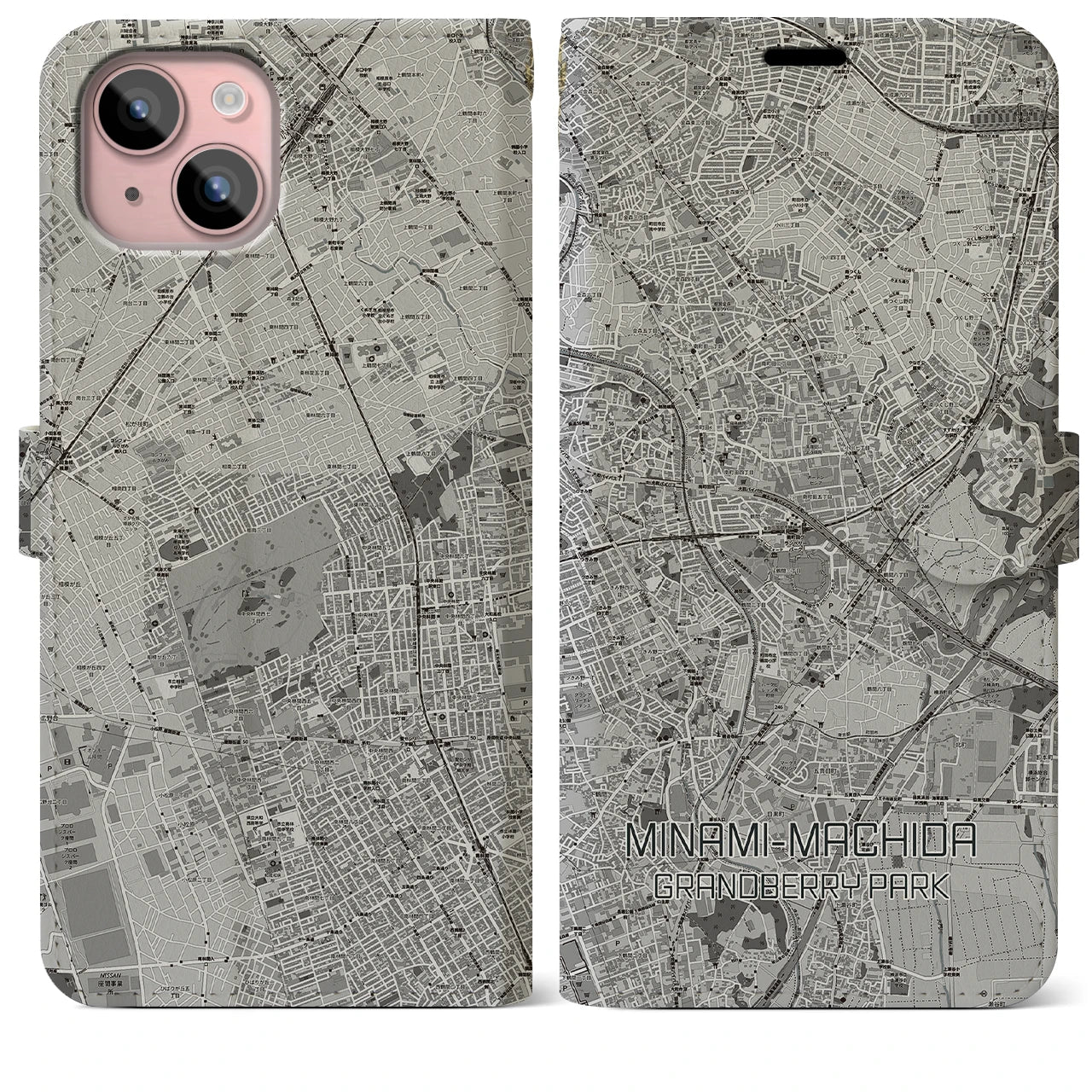 【南町田グランベリーパーク(東京都)】地図柄iPhoneケース(手帳タイプ)モノトーン・iPhone 15 Plus 用