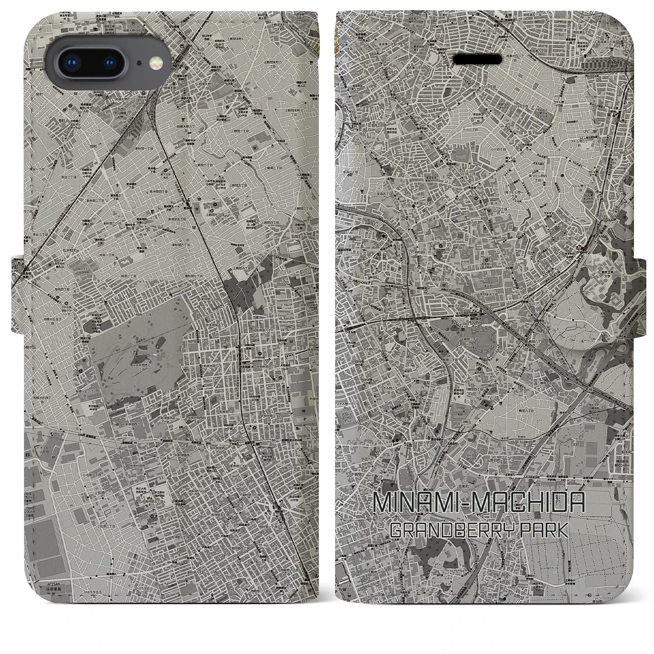 【南町田グランベリーパーク(東京都)】地図柄iPhoneケース(手帳タイプ)モノトーン・iPhone 8Plus /7Plus / 6sPlus / 6Plus 用