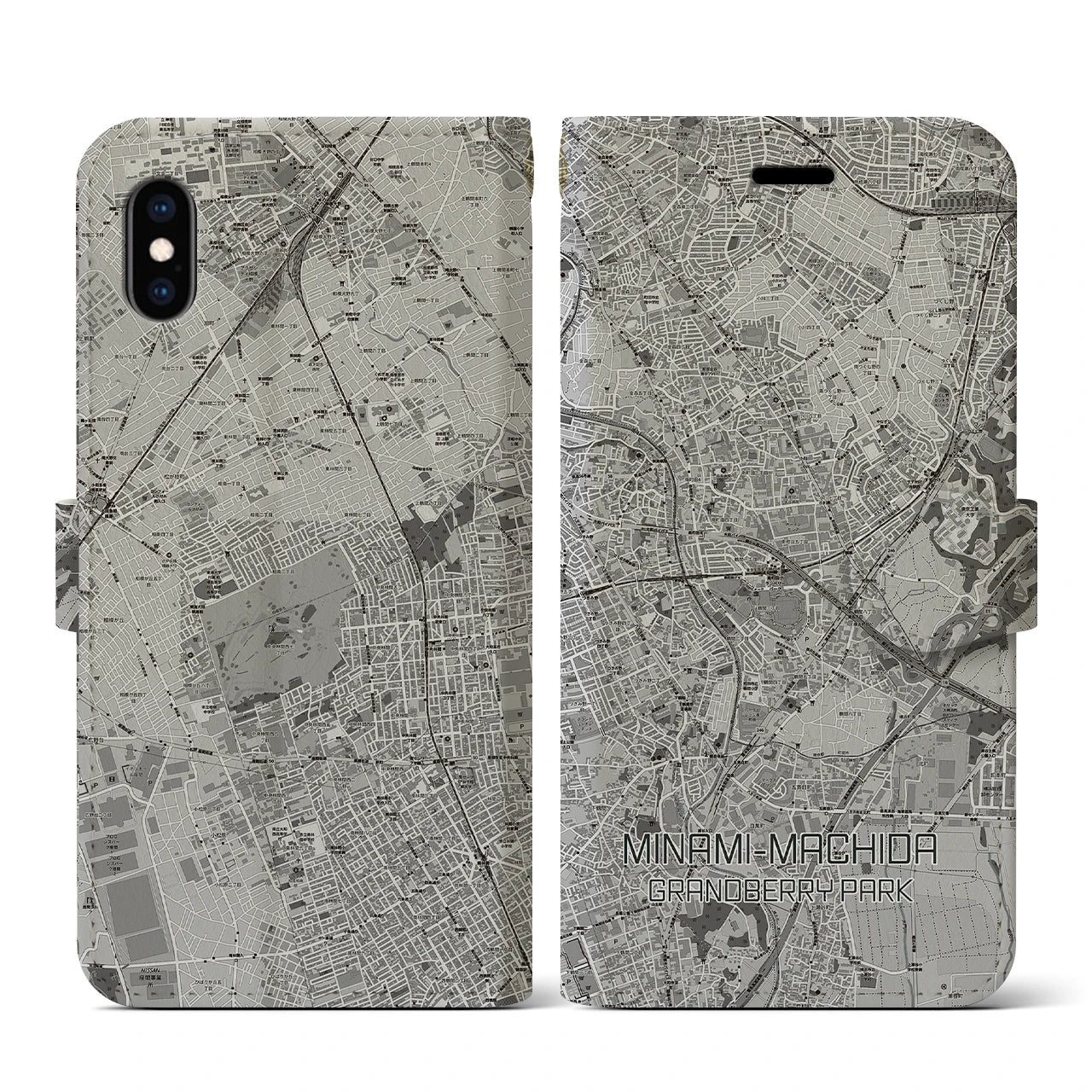 【南町田グランベリーパーク(東京都)】地図柄iPhoneケース(手帳タイプ)モノトーン・iPhone XS / X 用