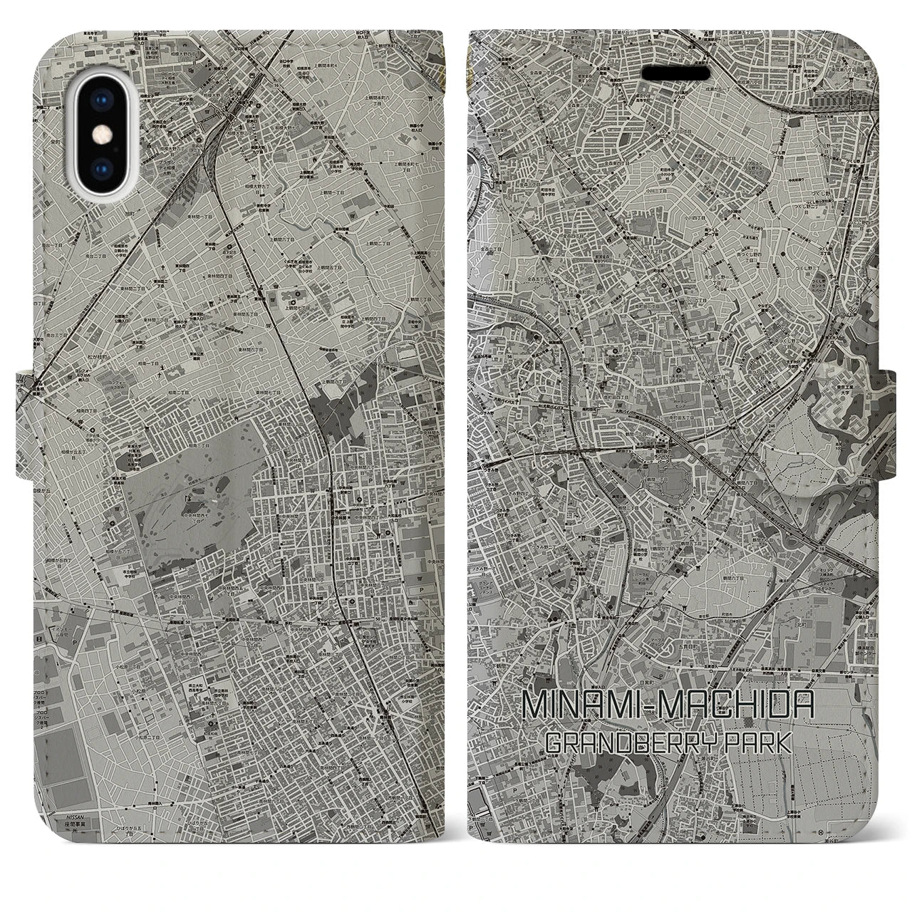 【南町田グランベリーパーク(東京都)】地図柄iPhoneケース(手帳タイプ)モノトーン・iPhone XS Max 用