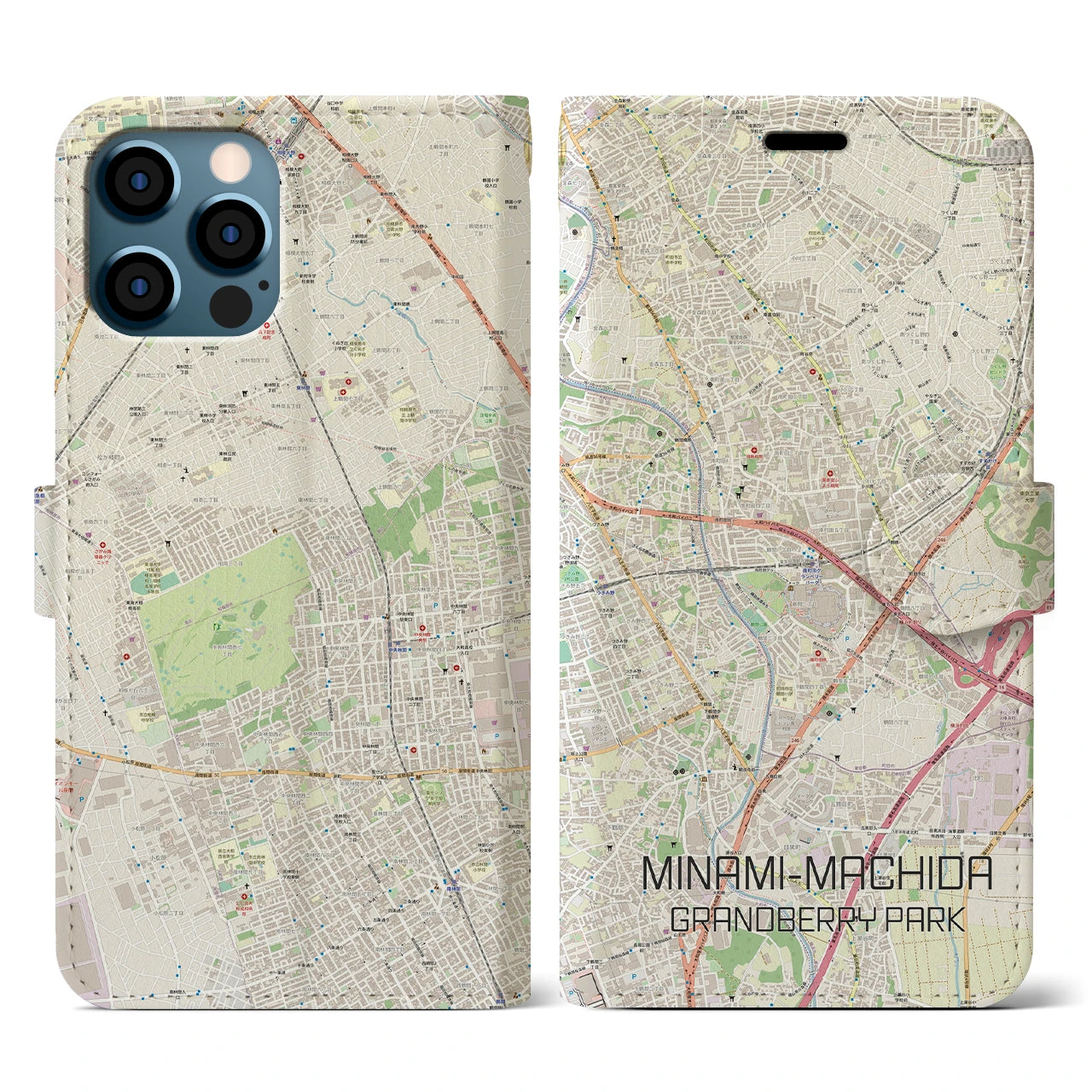 【南町田グランベリーパーク(東京都)】地図柄iPhoneケース(手帳タイプ)ナチュラル・iPhone 12 / 12 Pro 用