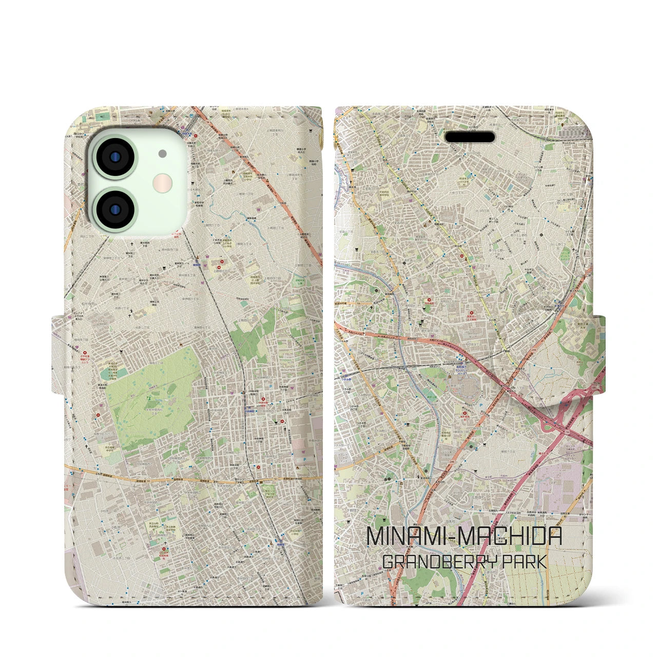 【南町田グランベリーパーク(東京都)】地図柄iPhoneケース(手帳タイプ)ナチュラル・iPhone 12 mini 用