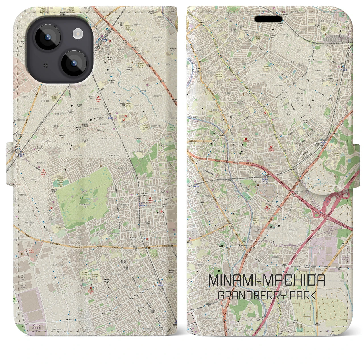 【南町田グランベリーパーク(東京都)】地図柄iPhoneケース(手帳タイプ)ナチュラル・iPhone 14 Plus 用
