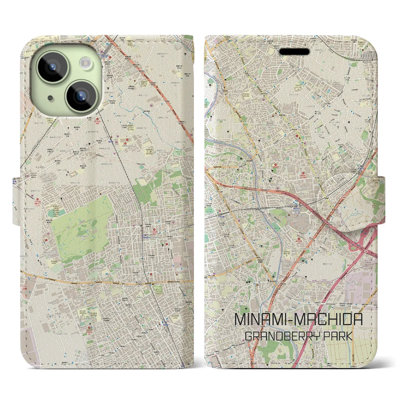 【南町田グランベリーパーク(東京都)】地図柄iPhoneケース(手帳タイプ)ナチュラル・iPhone 15 用