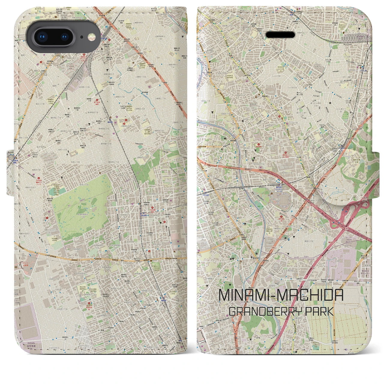 【南町田グランベリーパーク(東京都)】地図柄iPhoneケース(手帳タイプ)ナチュラル・iPhone 8Plus /7Plus / 6sPlus / 6Plus 用