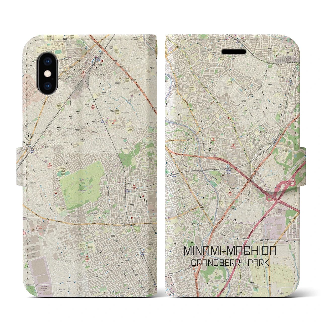 【南町田グランベリーパーク(東京都)】地図柄iPhoneケース(手帳タイプ)ナチュラル・iPhone XS / X 用
