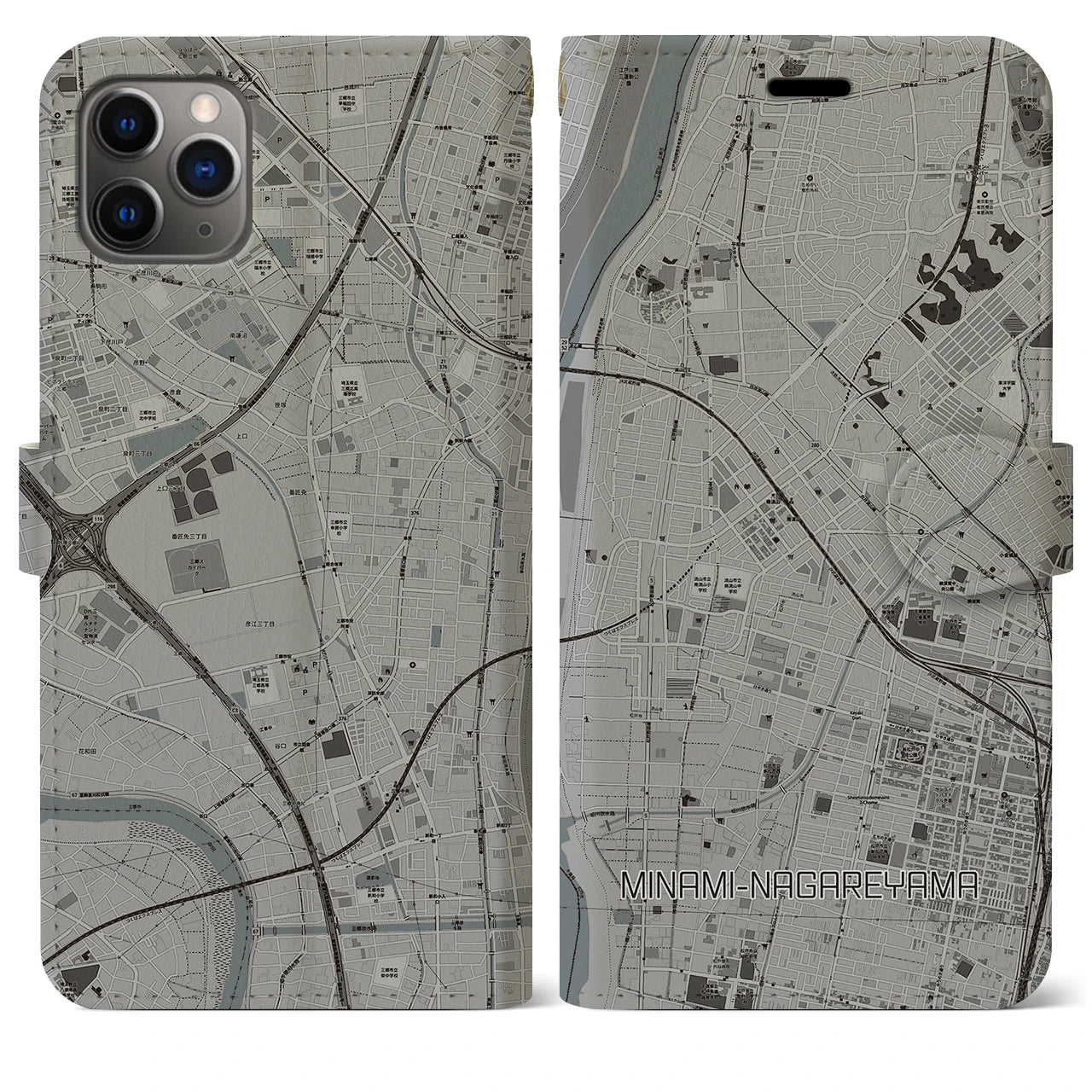 【南流山(千葉県)】地図柄iPhoneケース(手帳タイプ)モノトーン・iPhone 11 Pro Max 用