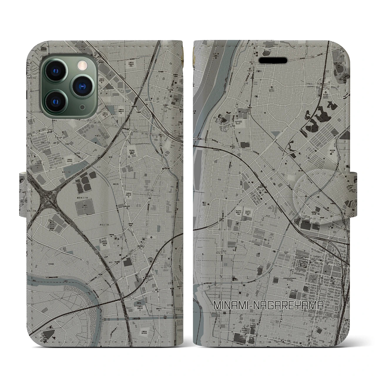 【南流山(千葉県)】地図柄iPhoneケース(手帳タイプ)モノトーン・iPhone 11 Pro 用