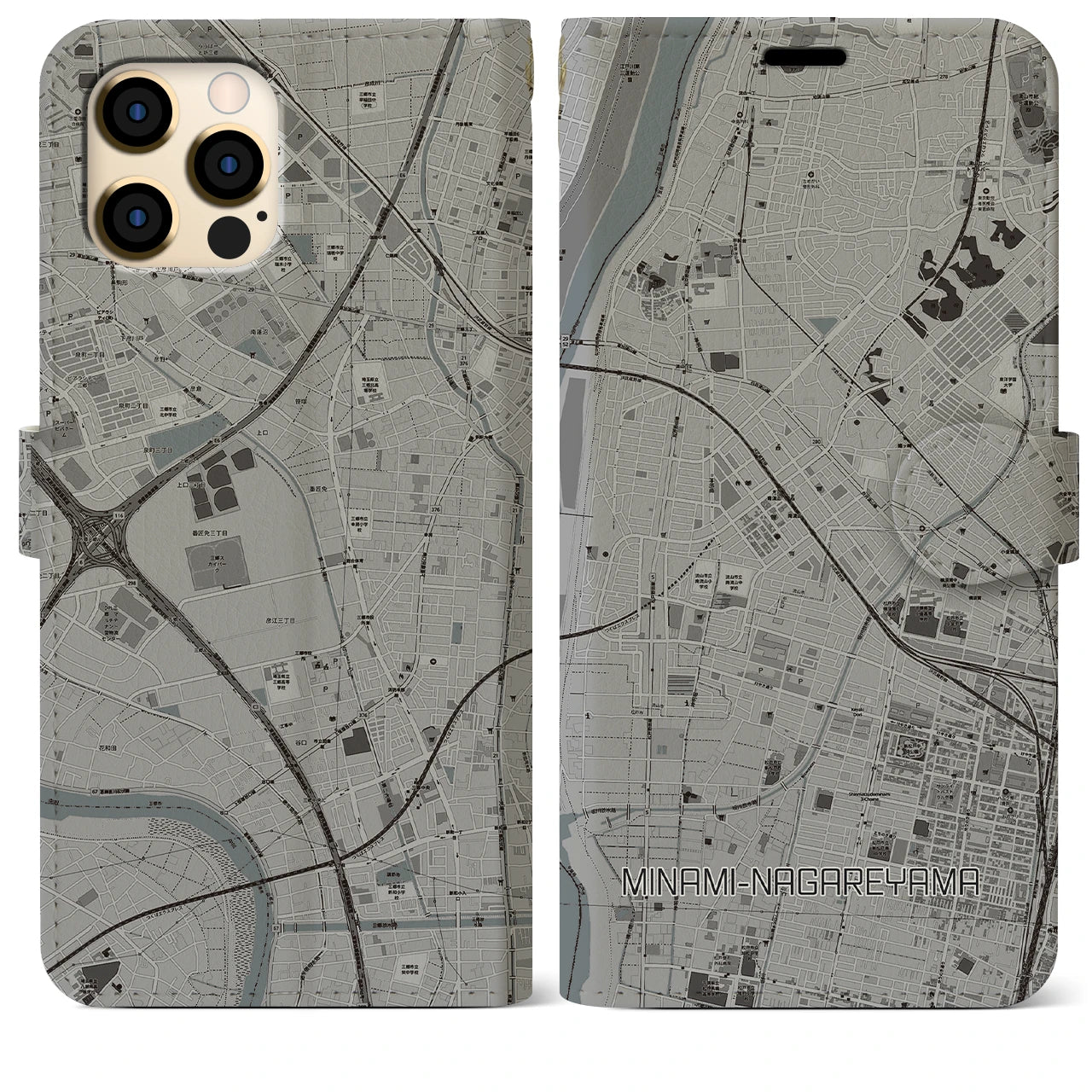 【南流山(千葉県)】地図柄iPhoneケース(手帳タイプ)モノトーン・iPhone 12 Pro Max 用