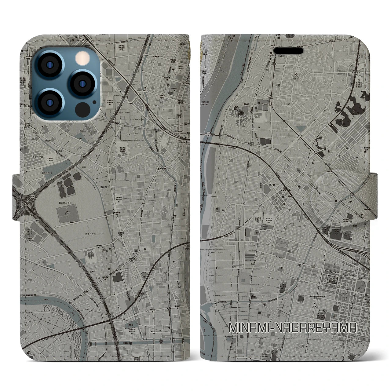 【南流山(千葉県)】地図柄iPhoneケース(手帳タイプ)モノトーン・iPhone 12 / 12 Pro 用