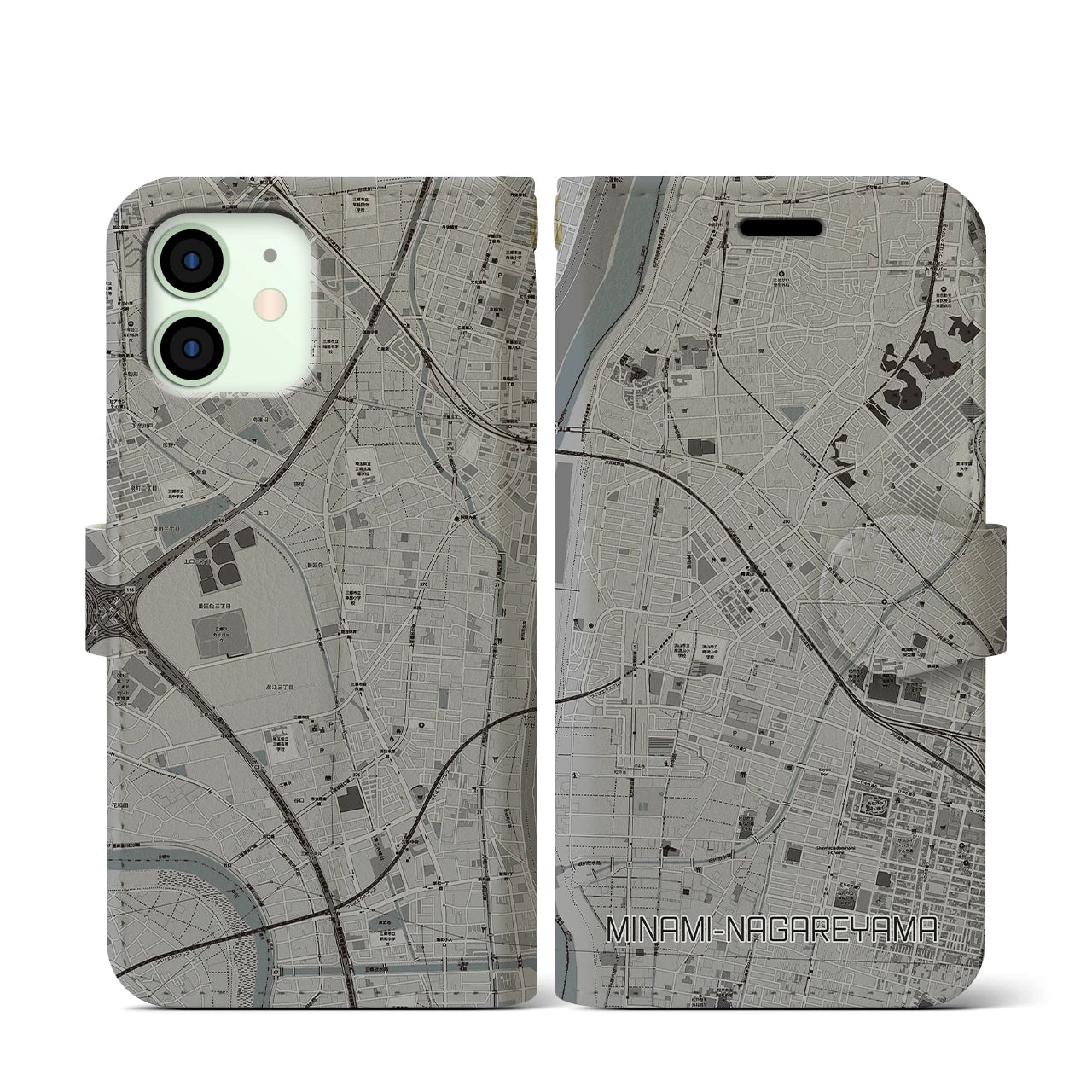 【南流山(千葉県)】地図柄iPhoneケース(手帳タイプ)モノトーン・iPhone 12 mini 用