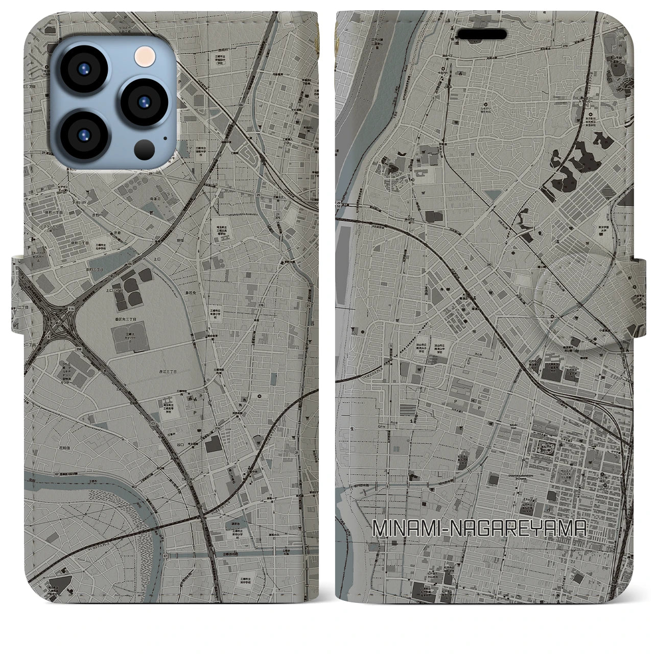 【南流山(千葉県)】地図柄iPhoneケース(手帳タイプ)モノトーン・iPhone 13 Pro Max 用