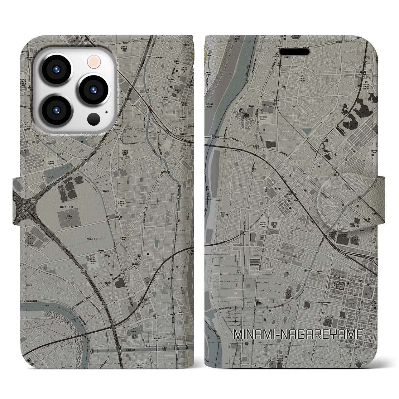 【南流山(千葉県)】地図柄iPhoneケース(手帳タイプ)モノトーン・iPhone 13 Pro 用