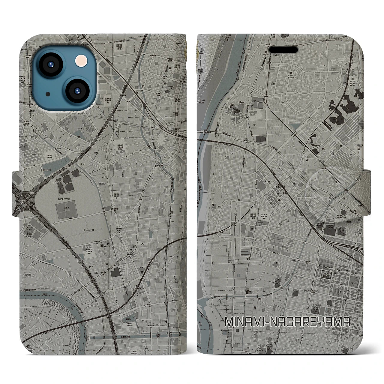 【南流山(千葉県)】地図柄iPhoneケース(手帳タイプ)モノトーン・iPhone 13 用