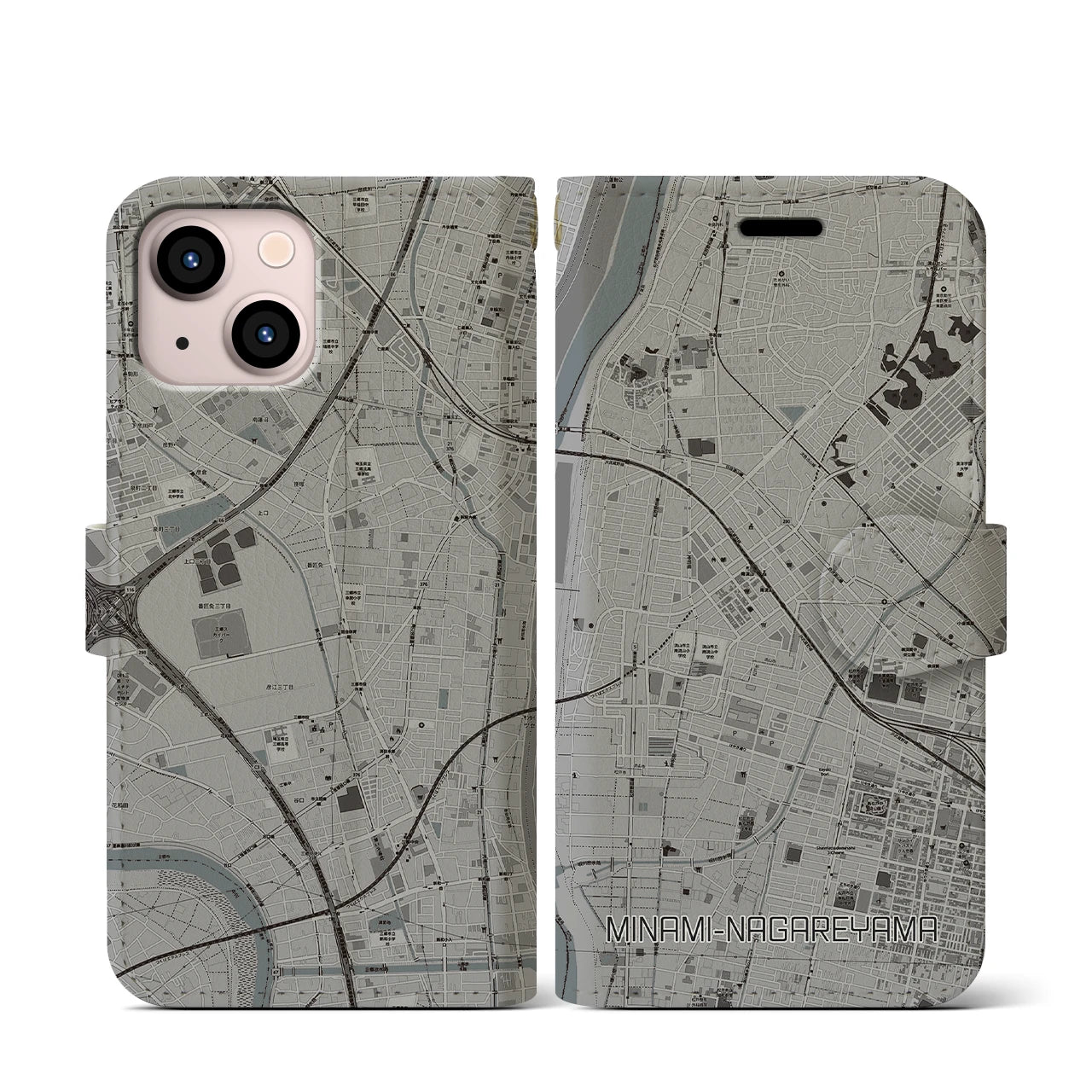 【南流山(千葉県)】地図柄iPhoneケース(手帳タイプ)モノトーン・iPhone 13 mini 用