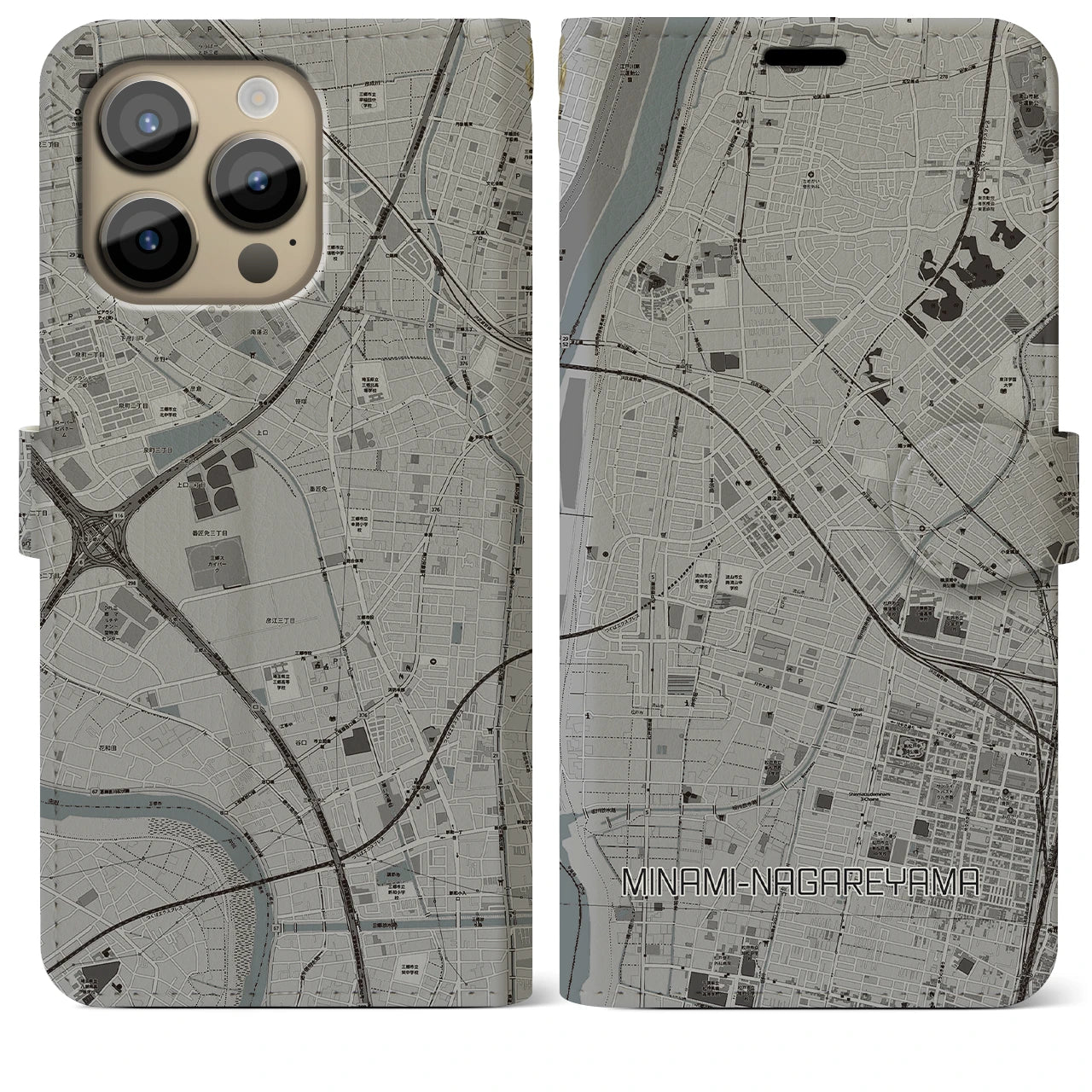 【南流山(千葉県)】地図柄iPhoneケース(手帳タイプ)モノトーン・iPhone 14 Pro Max 用