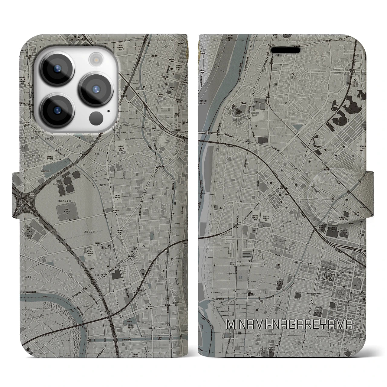 【南流山(千葉県)】地図柄iPhoneケース(手帳タイプ)モノトーン・iPhone 14 Pro 用