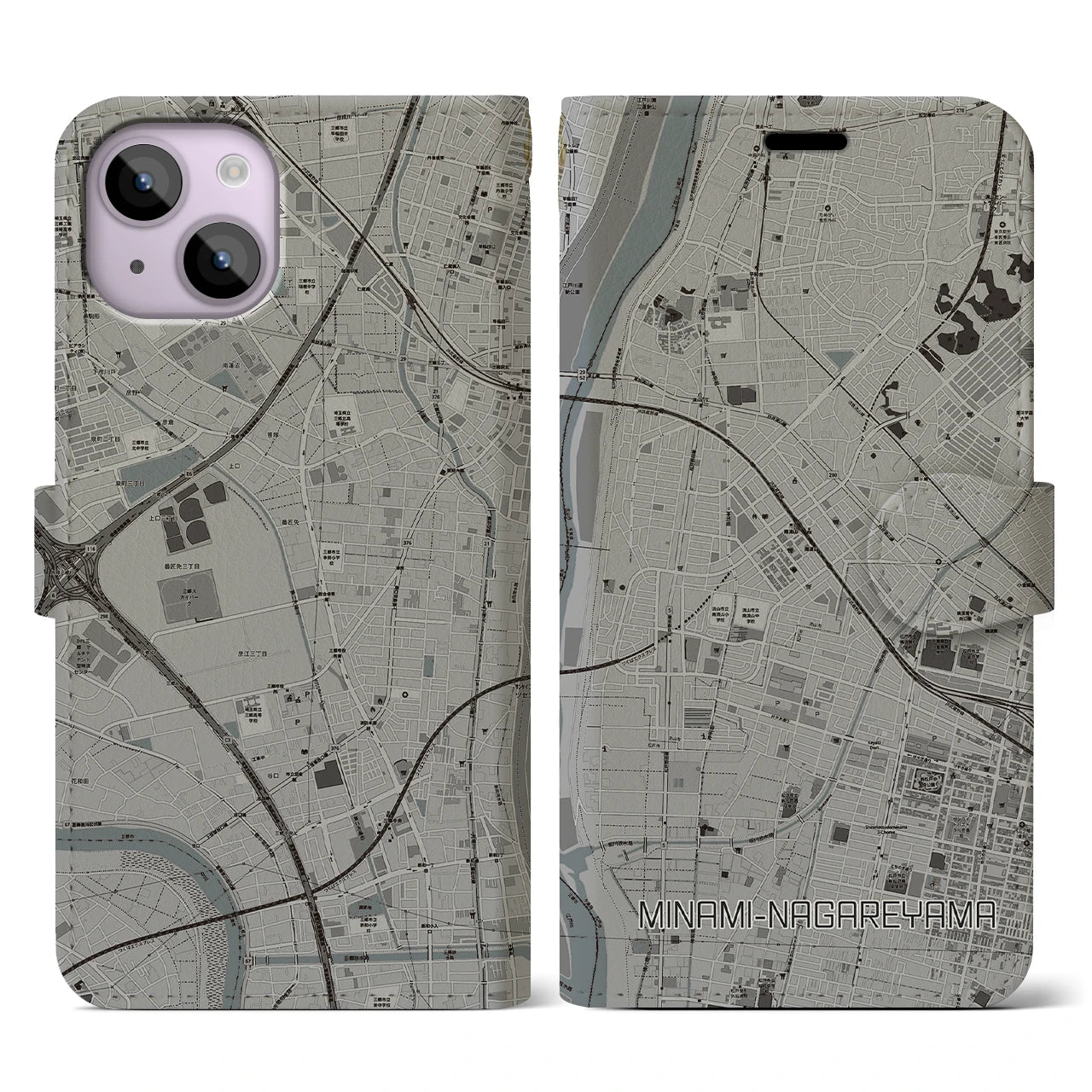 【南流山(千葉県)】地図柄iPhoneケース(手帳タイプ)モノトーン・iPhone 14 用