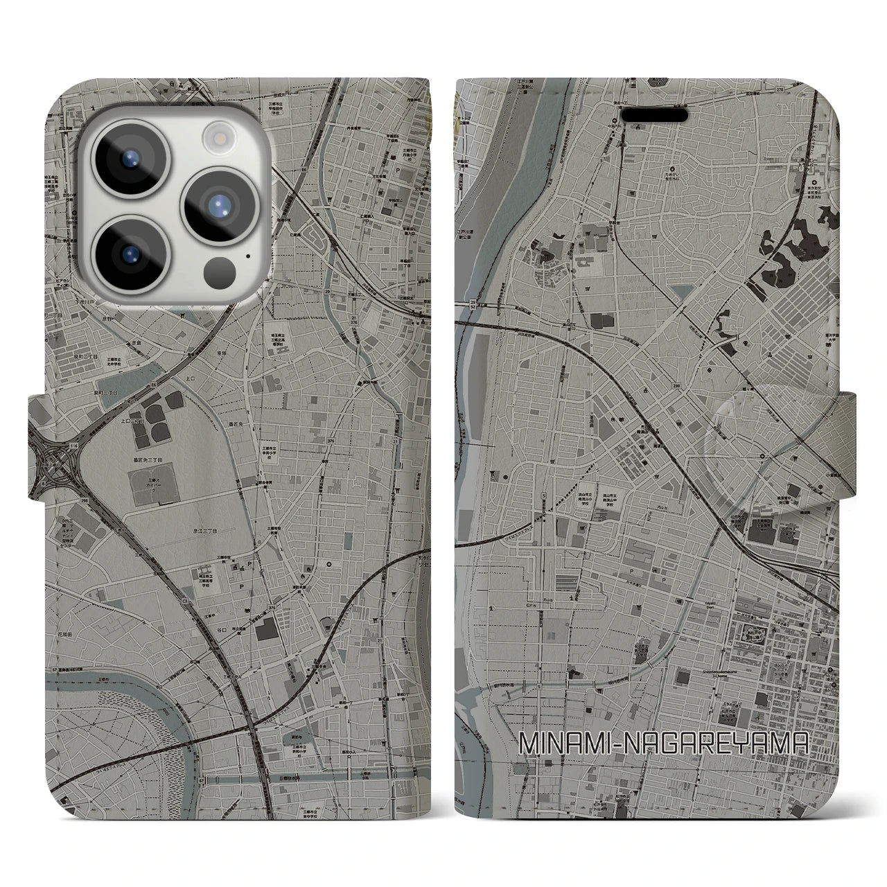 【南流山(千葉県)】地図柄iPhoneケース(手帳タイプ)モノトーン・iPhone 15 Pro 用