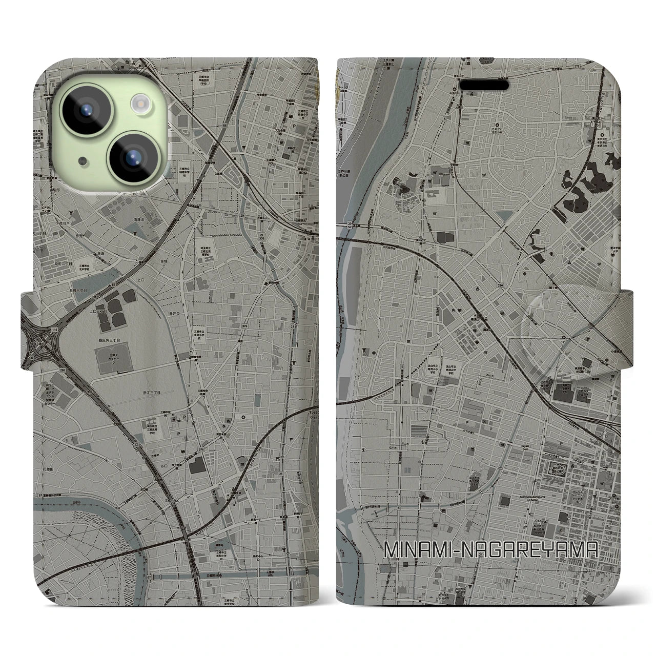 【南流山(千葉県)】地図柄iPhoneケース(手帳タイプ)モノトーン・iPhone 15 用